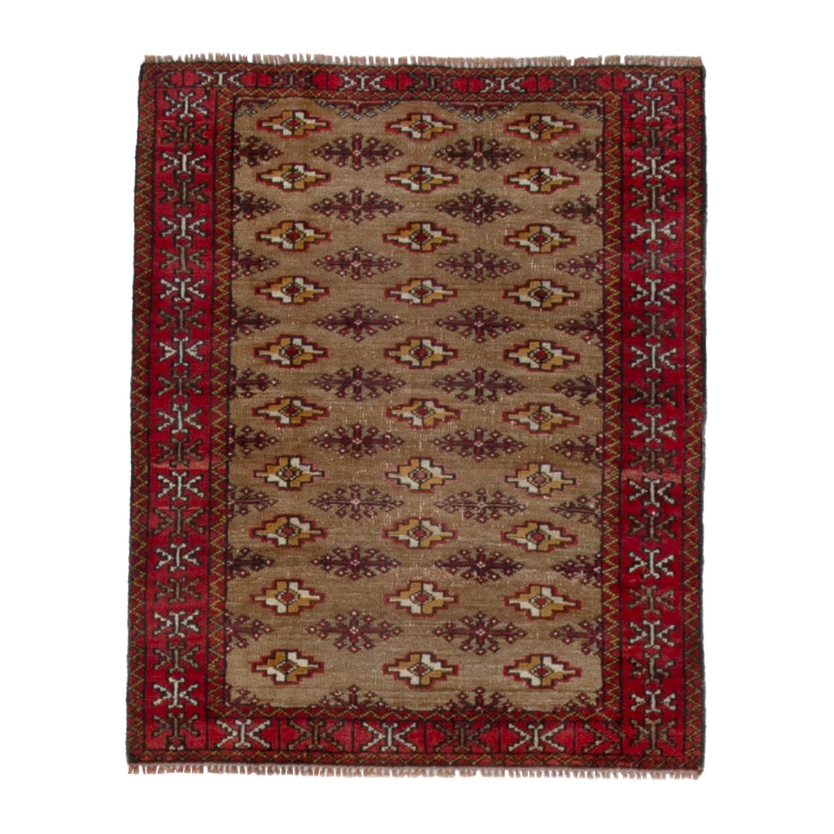 Persian Torkaman accent rug in tan and burgundy, 2'7" x 3'3"