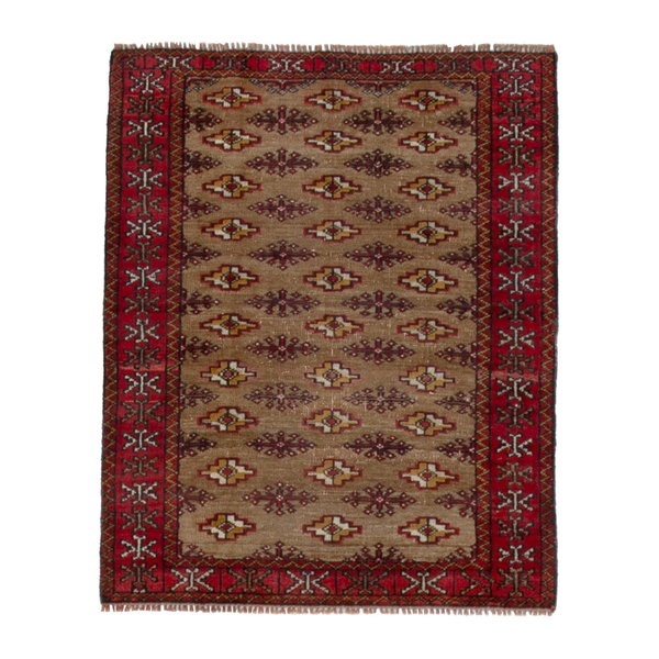 Persian Torkaman accent rug in tan and burgundy, 2'7" x 3'3"