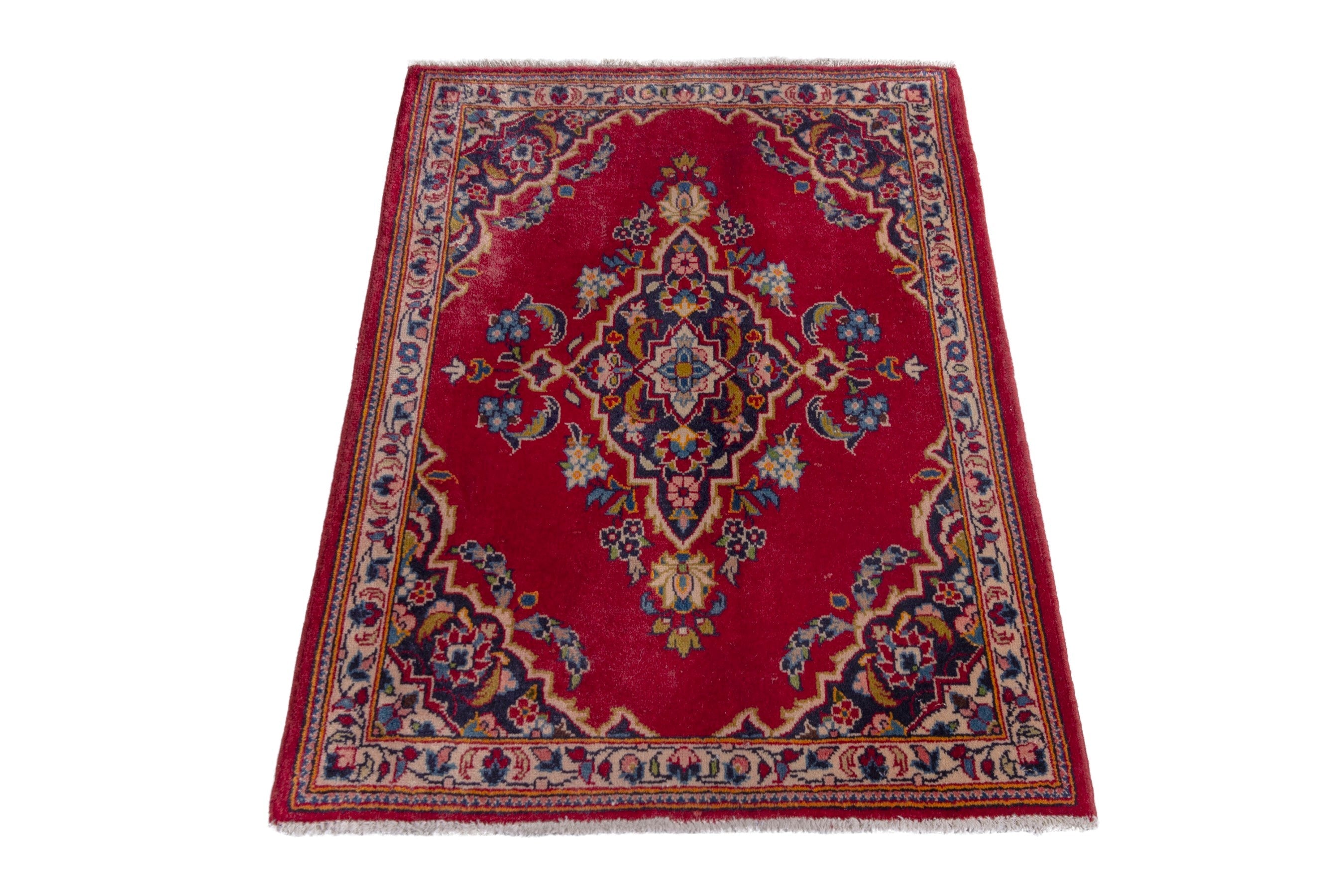 Persian Kashan accent rug in burgundy and navy, view 2 of 7