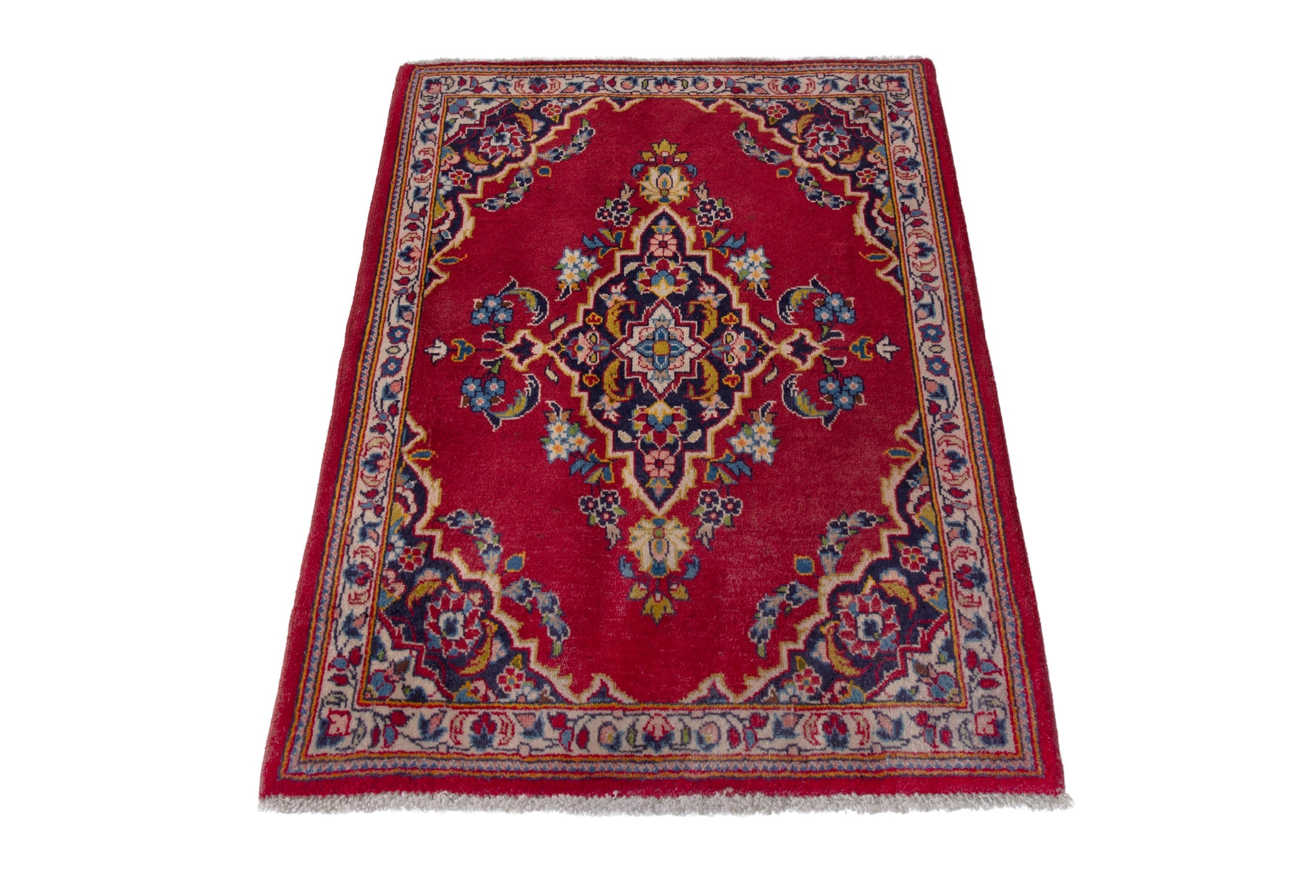 Persian Kashan accent rug in burgundy and navy, view 3 of 7