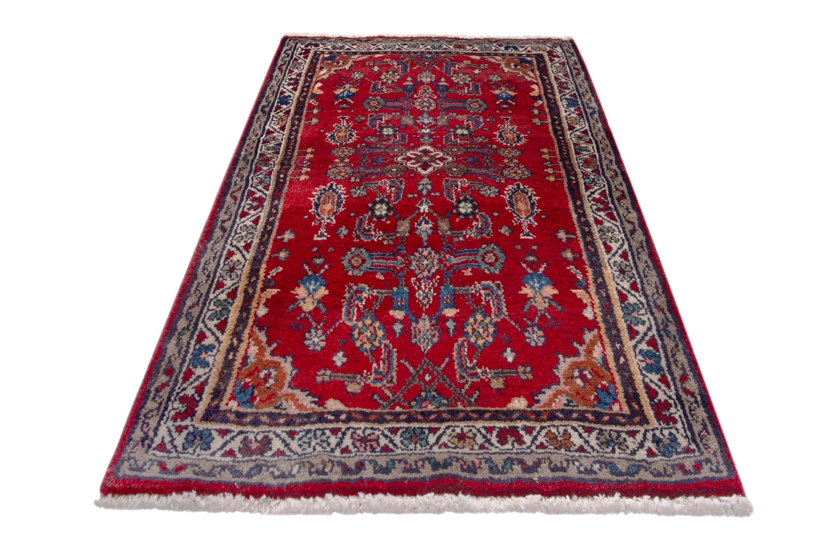 Persian Malayer accent rug in deep red and cream, view 2 of 7