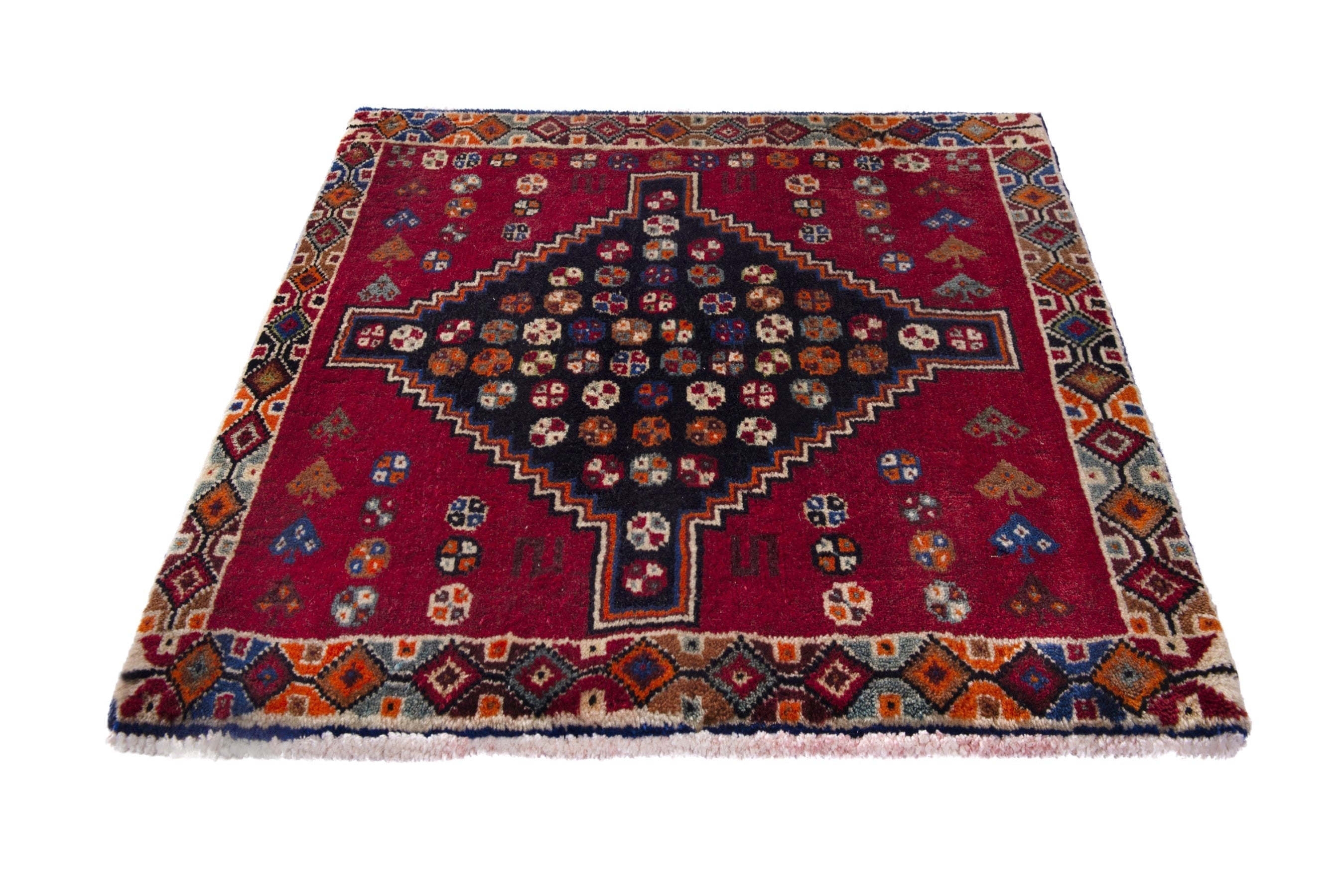 Persian Shiraz accent rug in deep red and dark brown, view 2 of 7