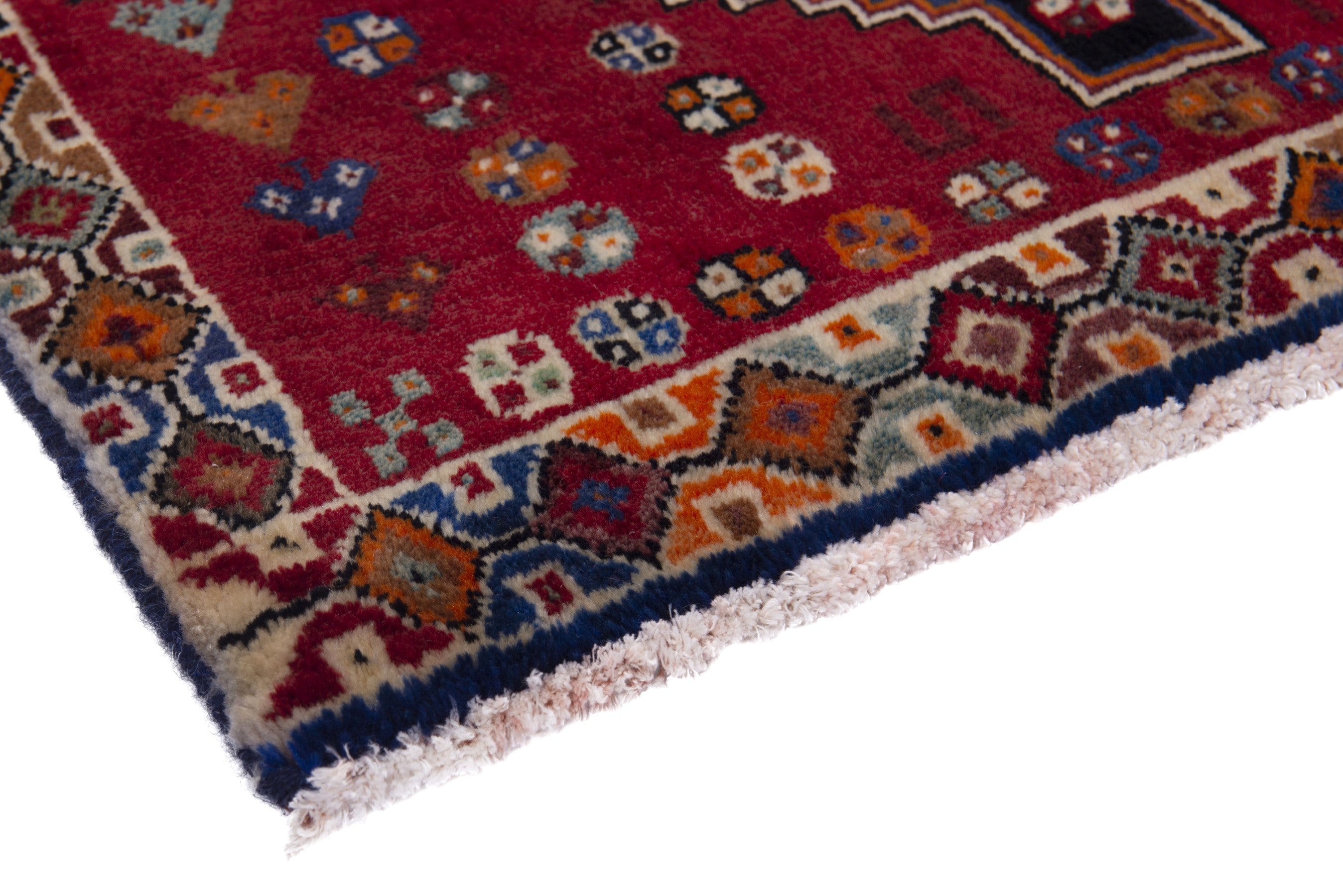 Persian Shiraz accent rug in deep red and dark brown, view 4 of 7