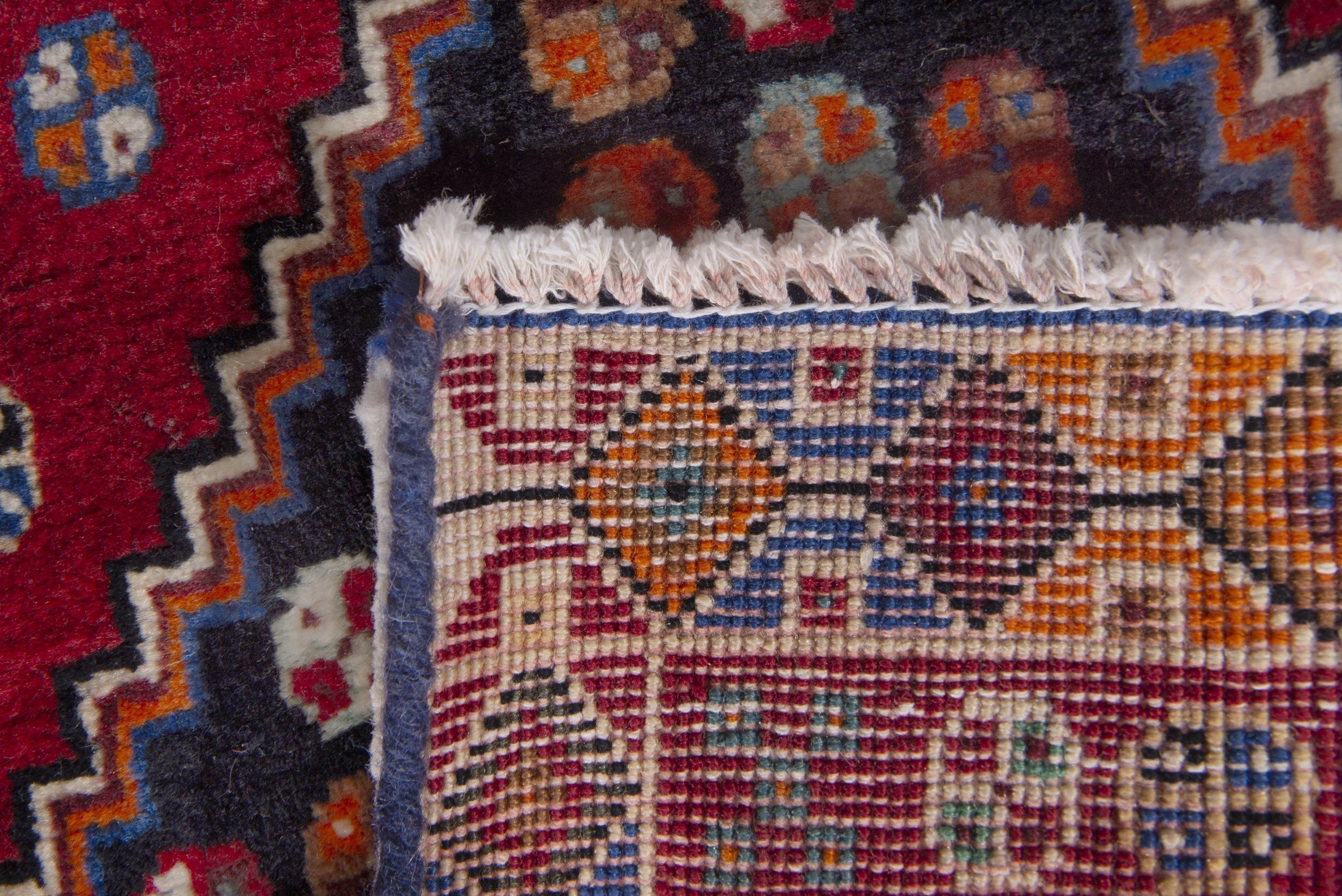 Persian Shiraz accent rug in deep red and dark brown, view 7 of 7