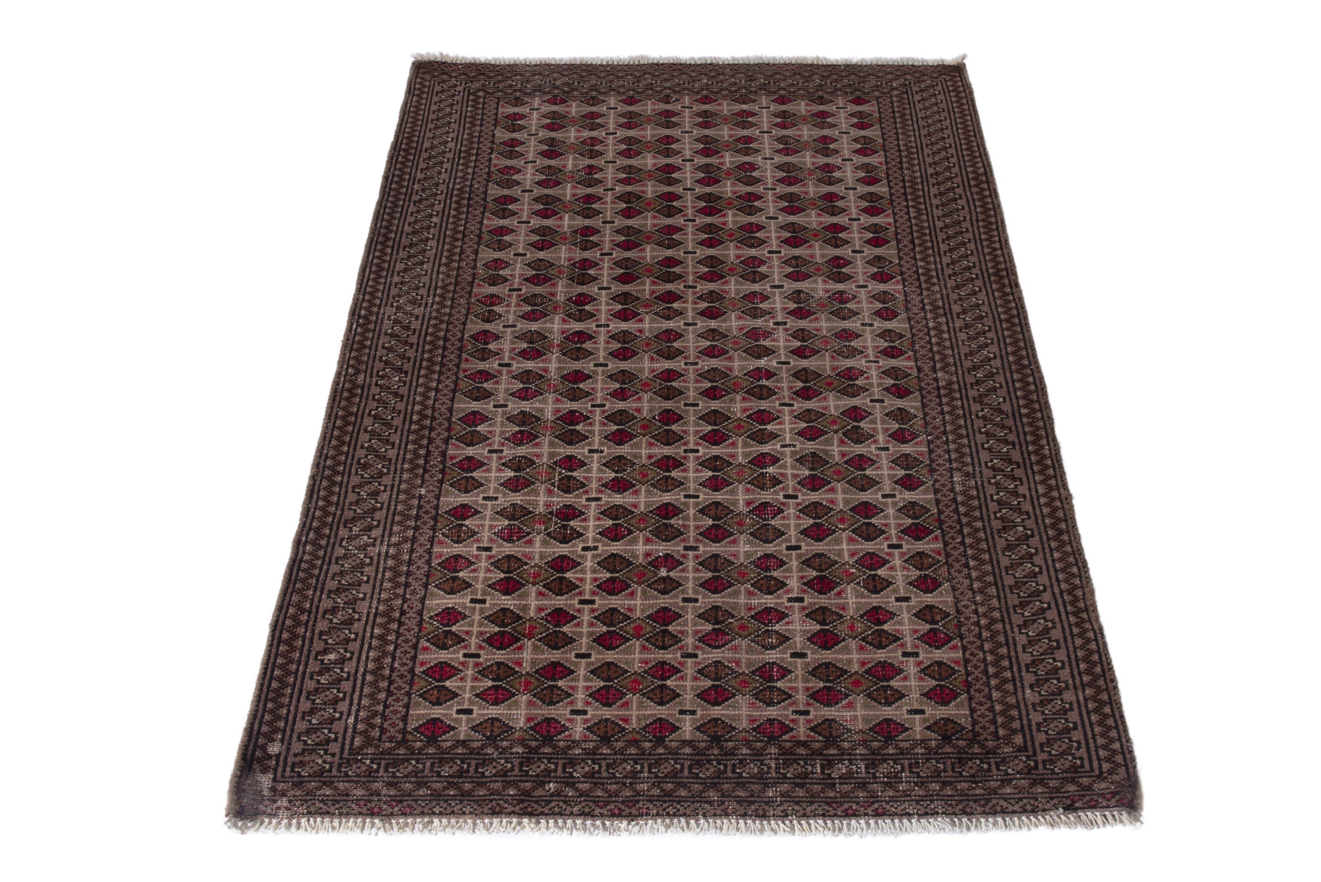 Persian Torkaman accent rug in cream and burgundy, view 3 of 17