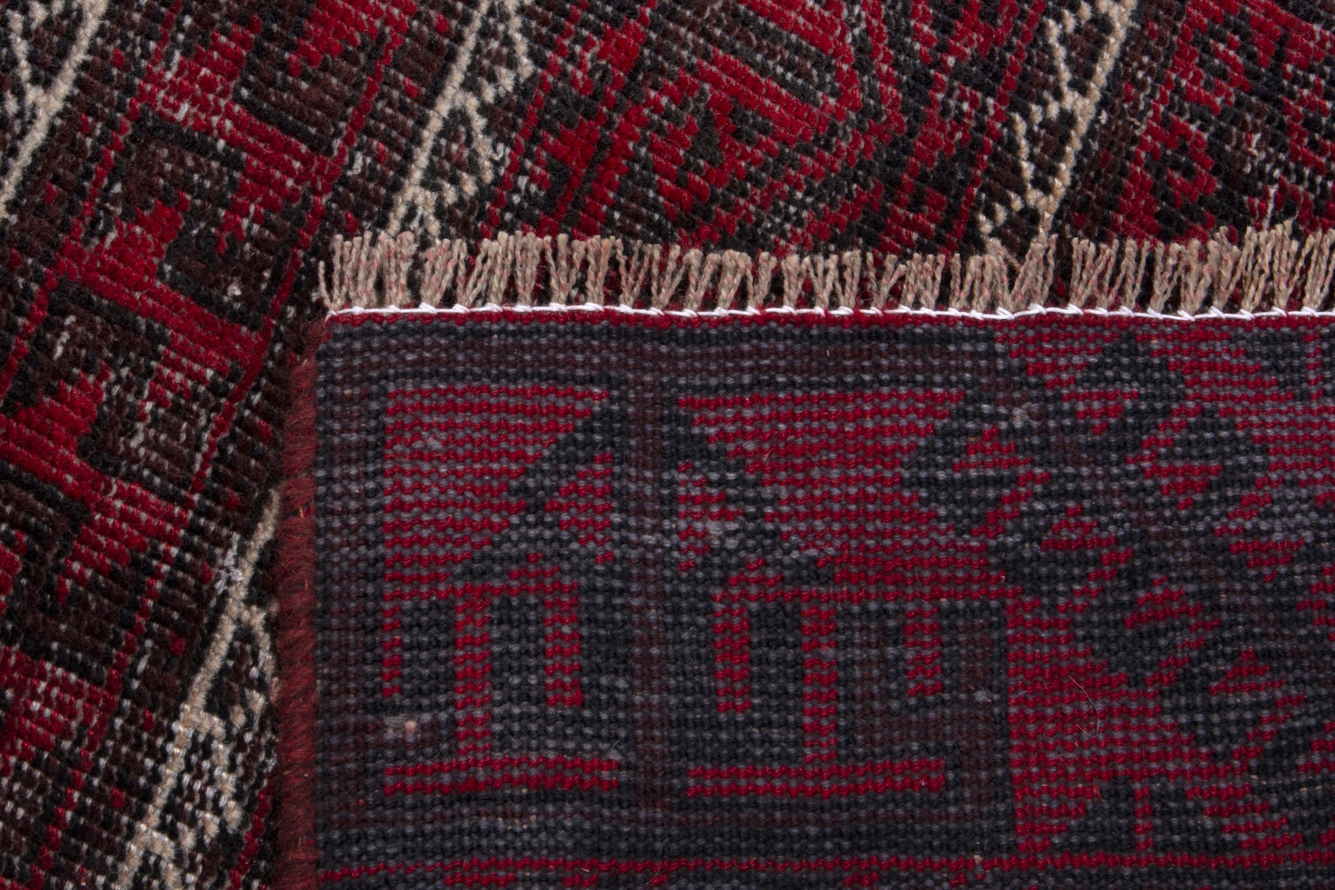 Persian Baluch runner rug in burgundy and deep red, view 17 of 17