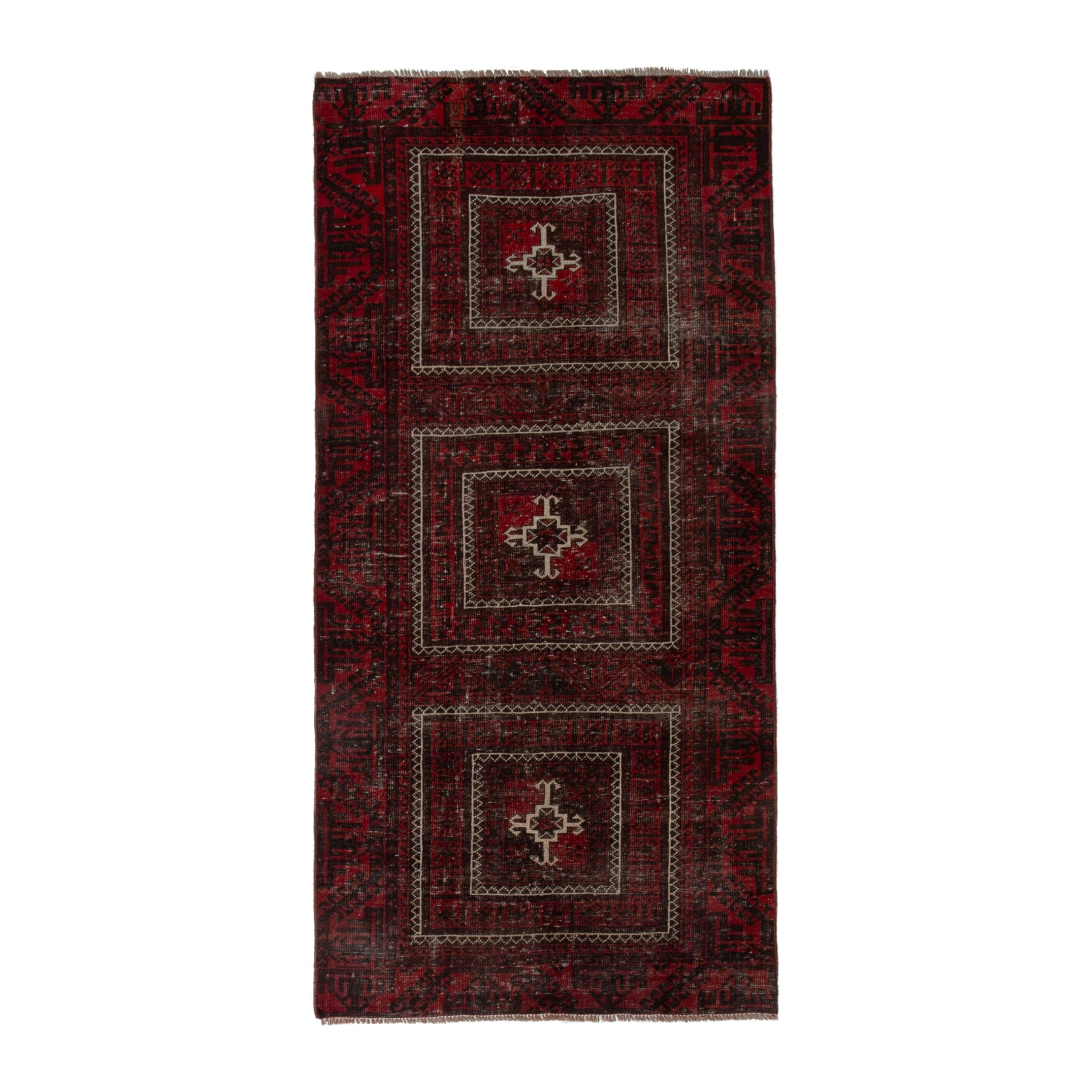 Persian Baluch runner rug in burgundy and deep red, 3'3" x 6'9"