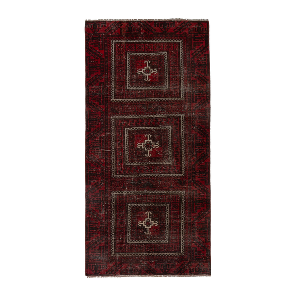 Persian Baluch runner rug in burgundy and deep red, 3'3" x 6'9"