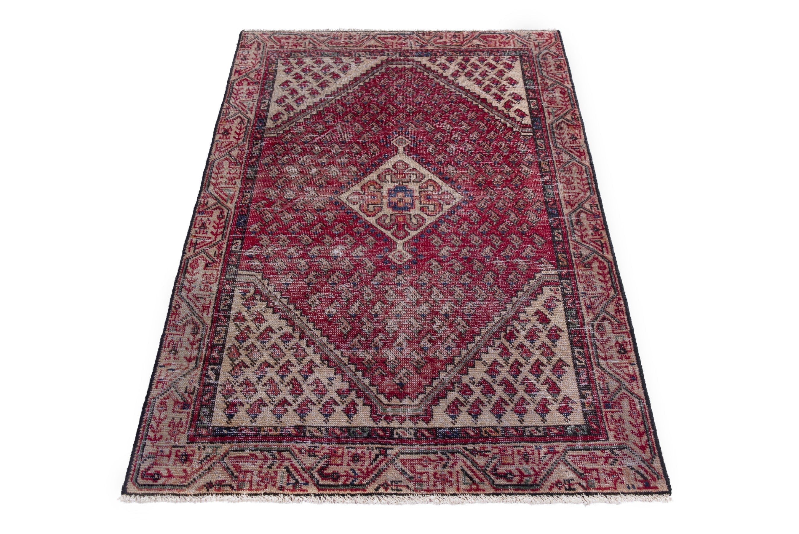 Persian Botteh accent rug in faded red and muted pink, view 3 of 17