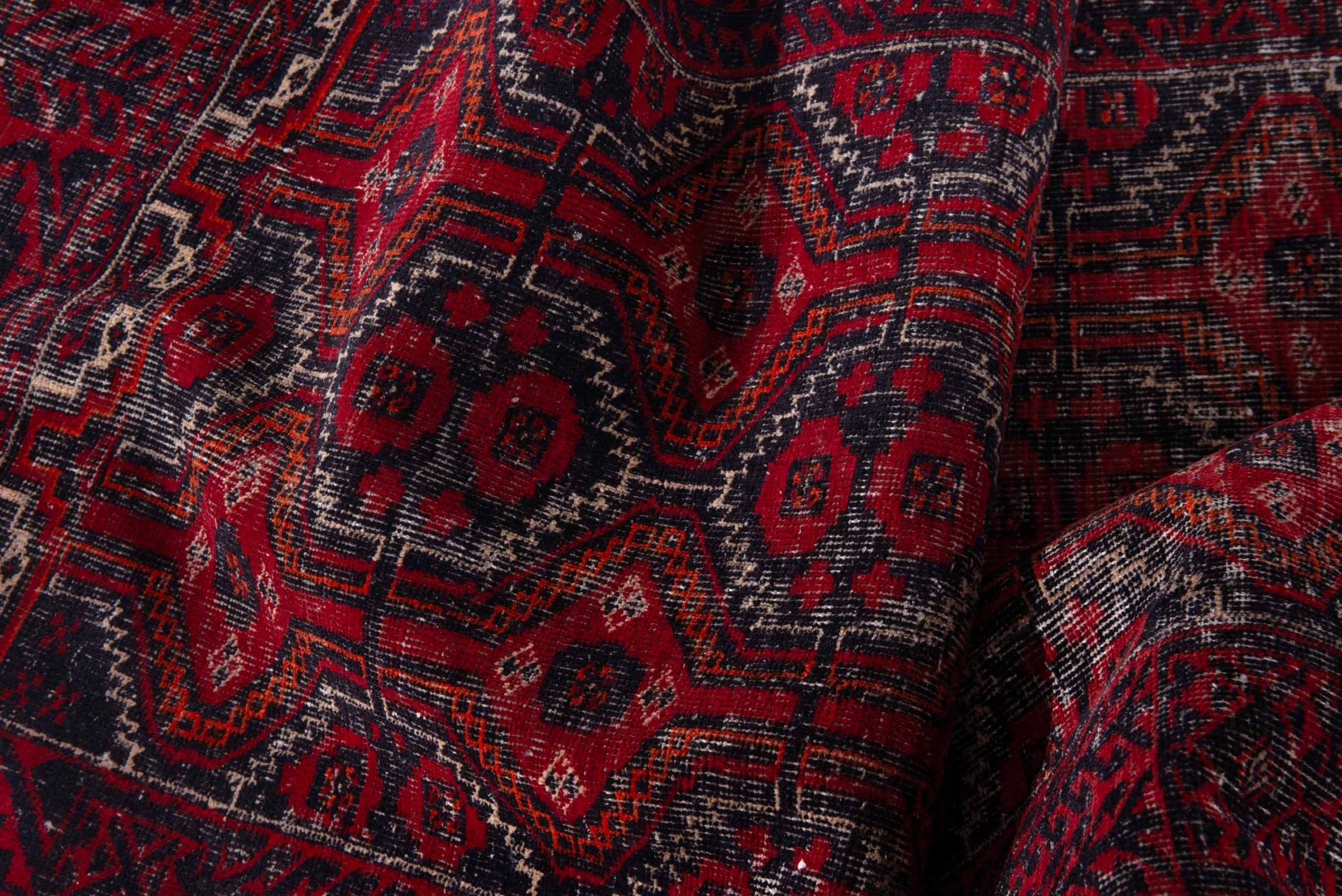 Persian Baluch accent rug in burgundy and faded red, view 15 of 17