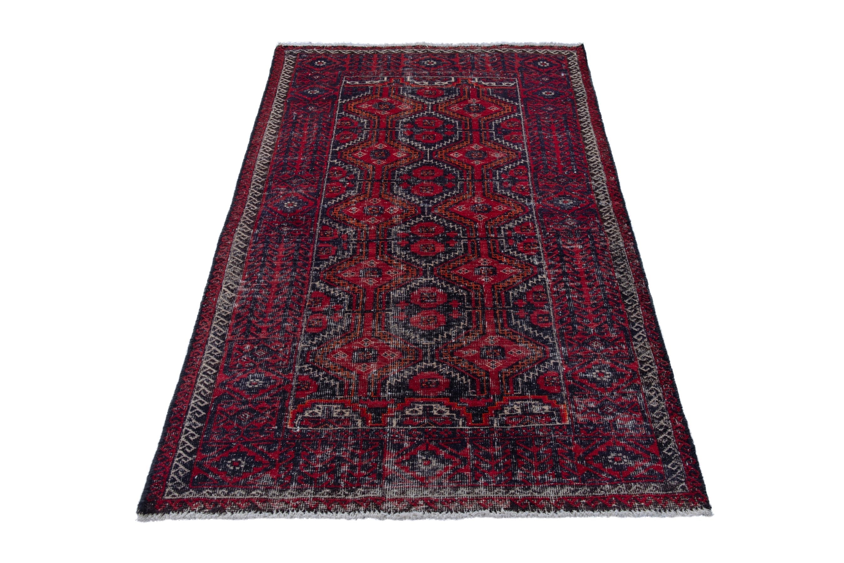 Persian Baluch accent rug in burgundy and faded red, view 2 of 17