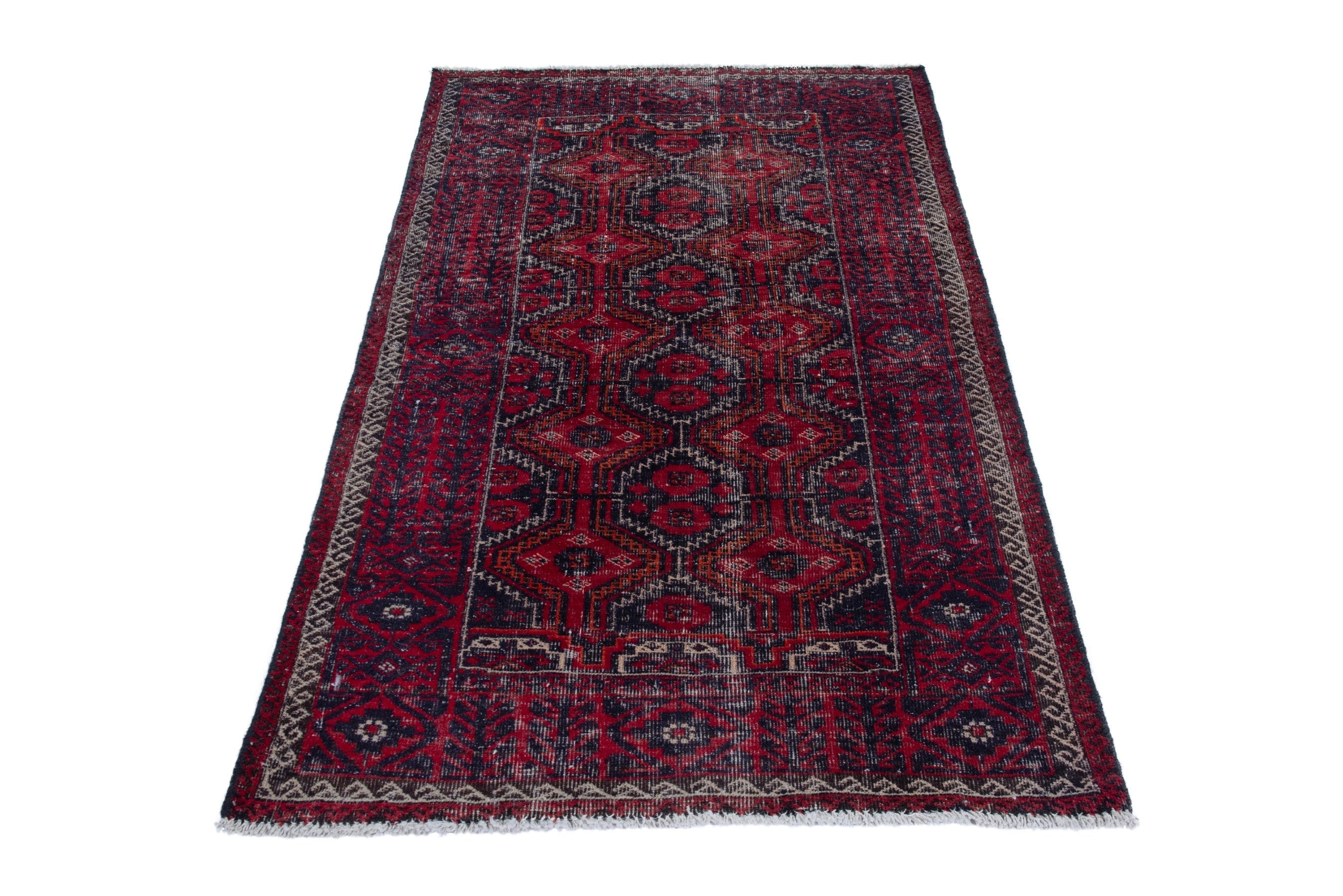 Persian Baluch accent rug in burgundy and faded red, view 3 of 17