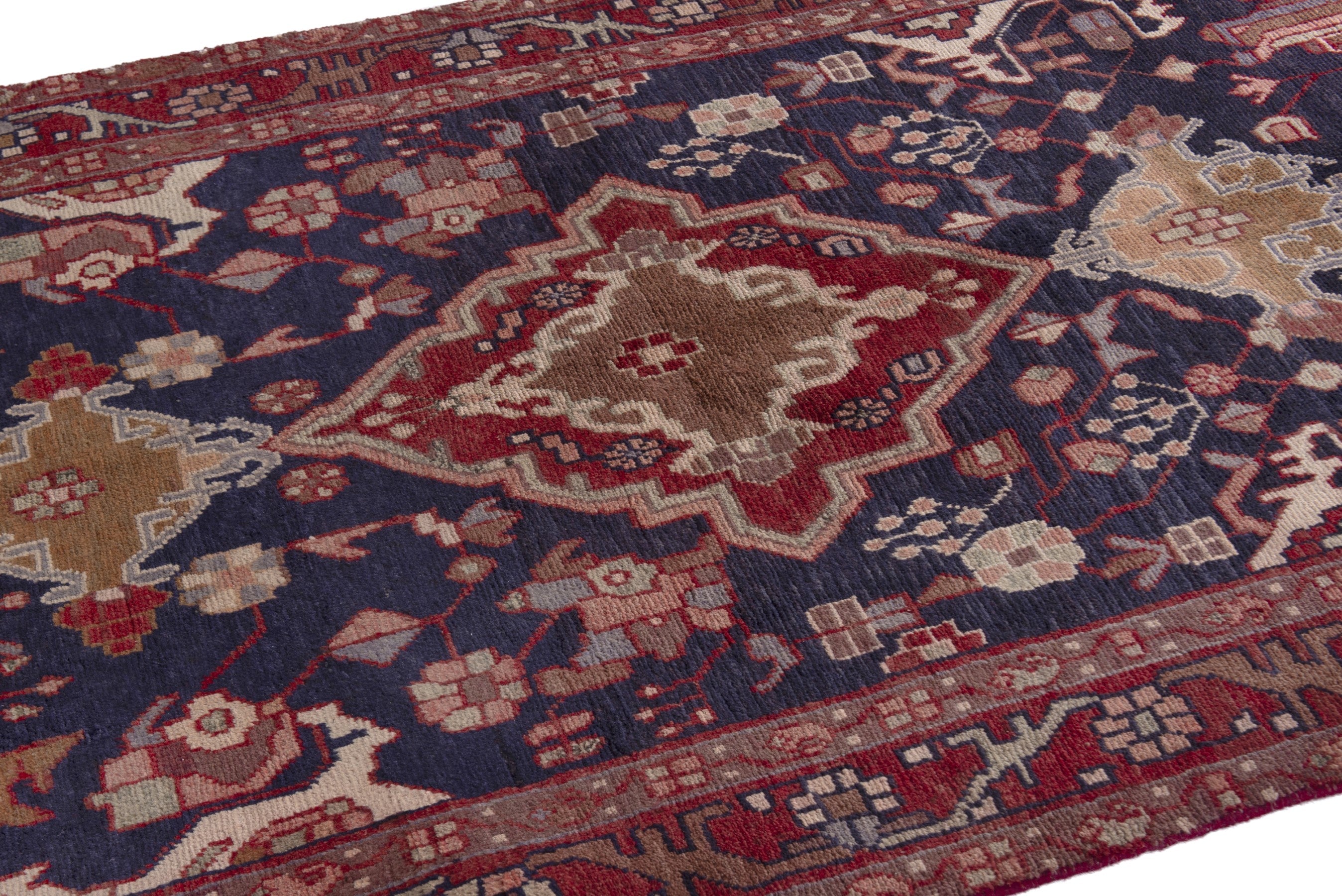 Persian Nahavand area rug in navy and faded red, view 6 of 20
