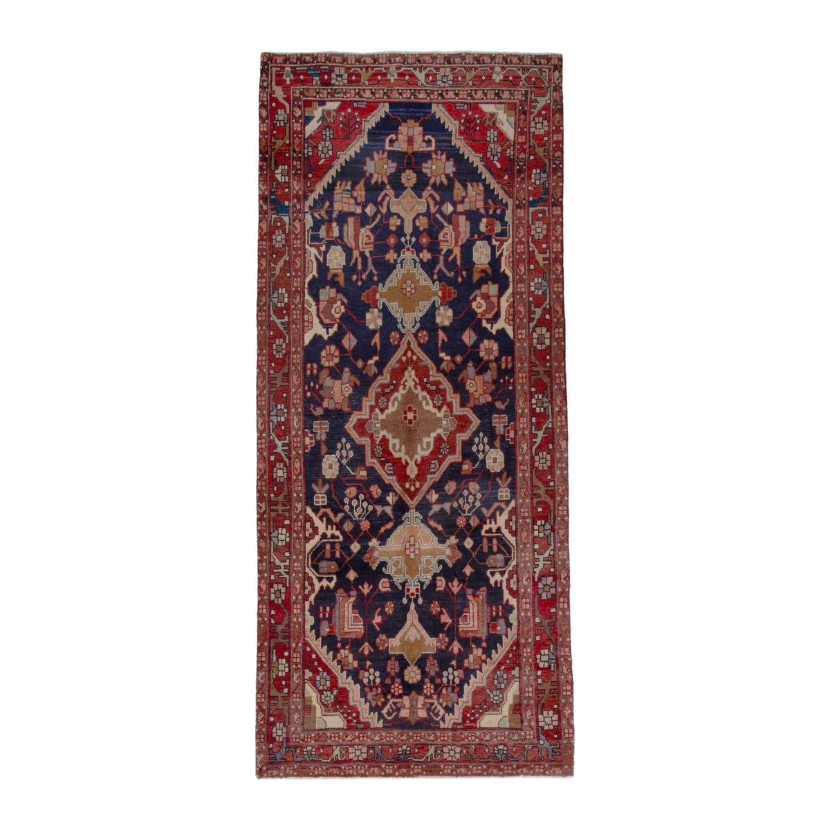Persian Nahavand area rug in navy and faded red, 4'5" x 10'10"