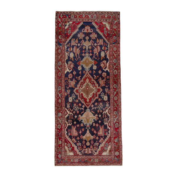 Persian Nahavand area rug in navy and faded red, 4'5" x 10'10"