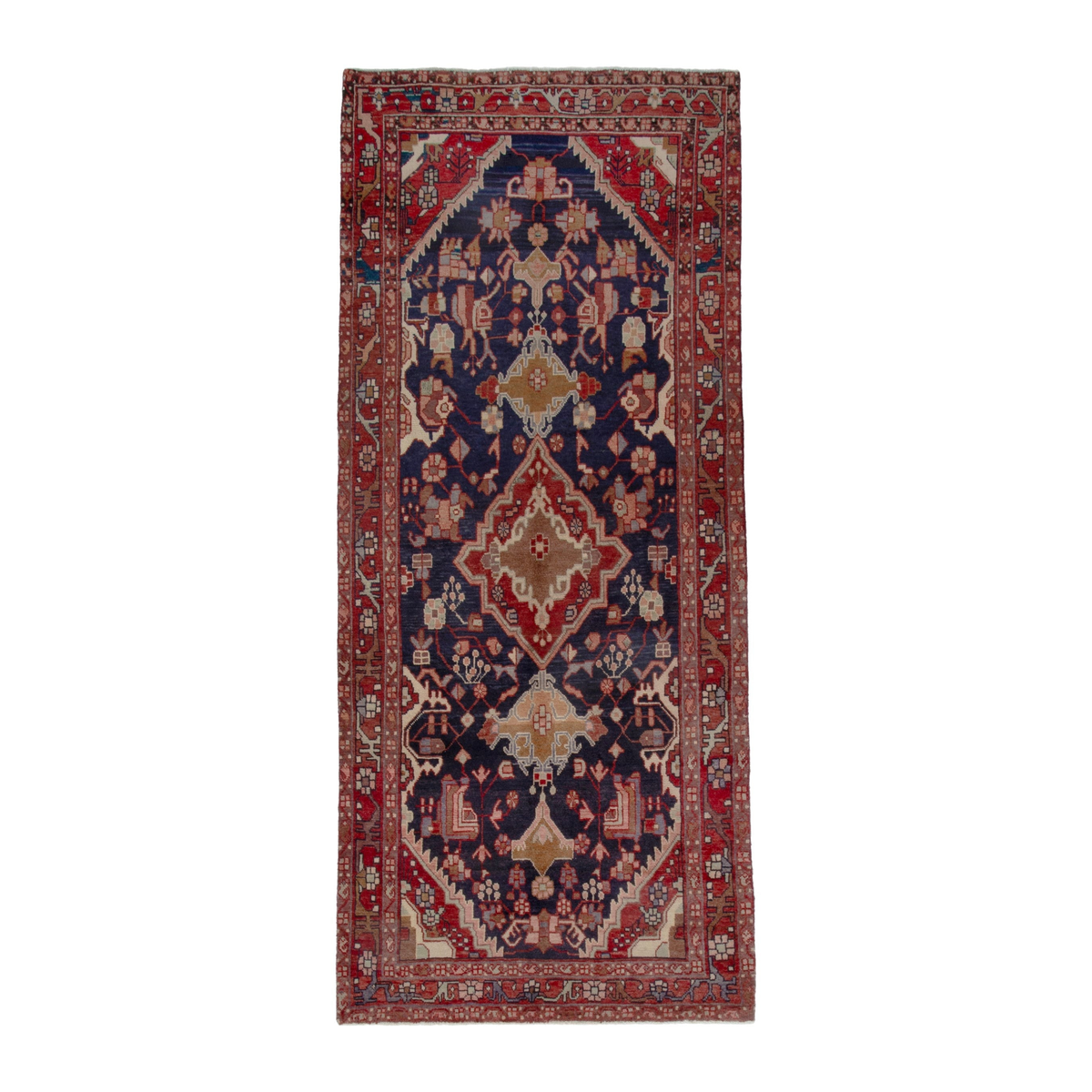 Persian Nahavand runner rug in navy and faded red, 4'5" x 10'10"