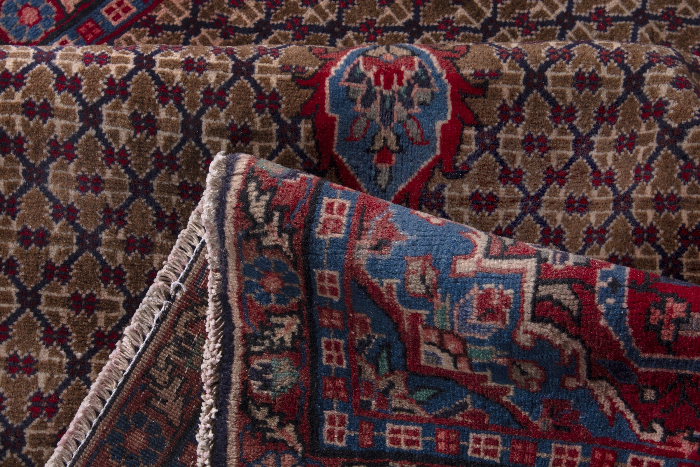 Persian Songhor area rug in tan and burgundy, view 14 of 17