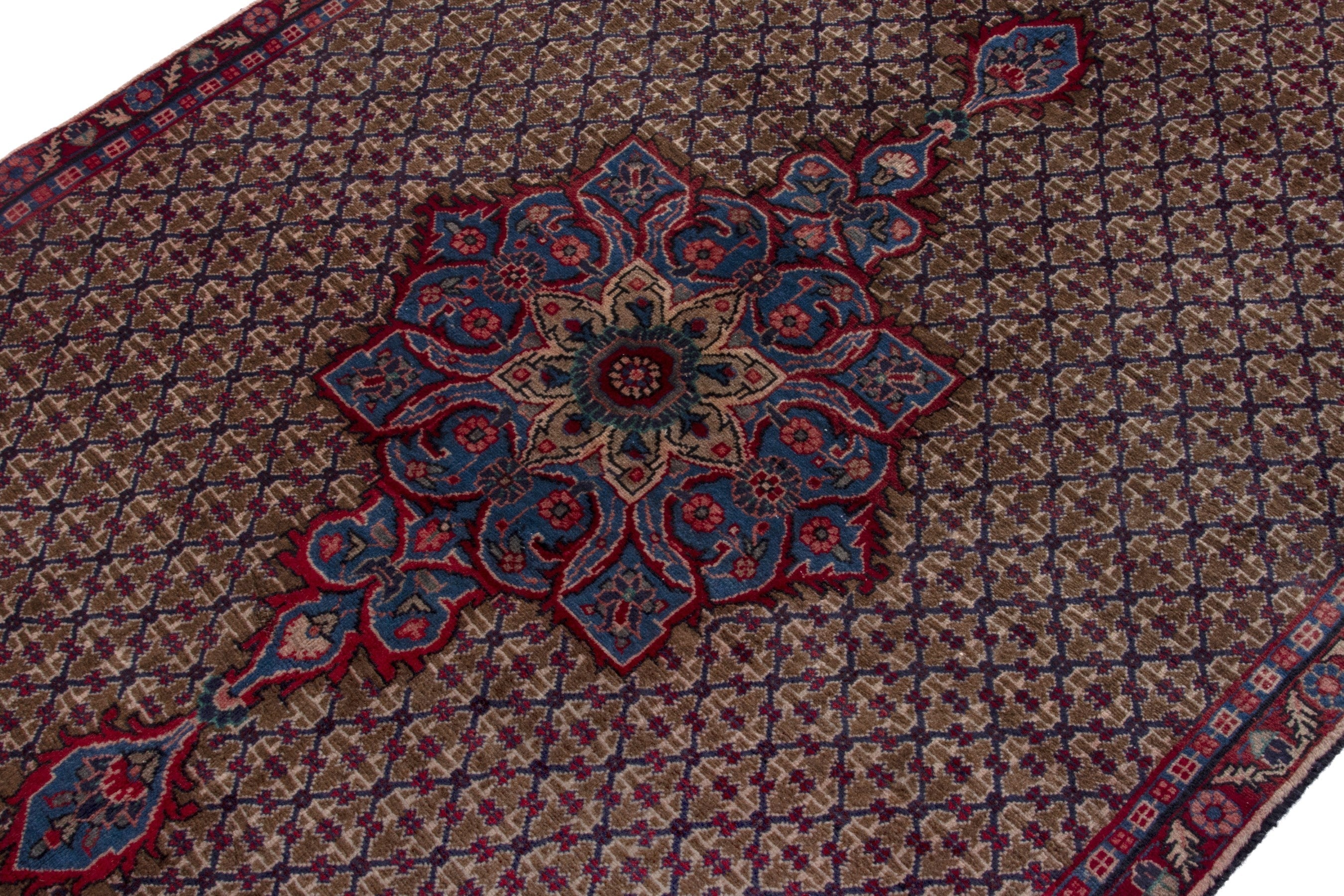 Persian Songhor area rug in tan and burgundy, view 6 of 17
