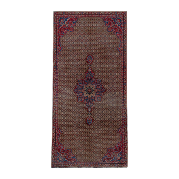 Persian Songhor runner rug in tan and burgundy, 4' x 8'7"