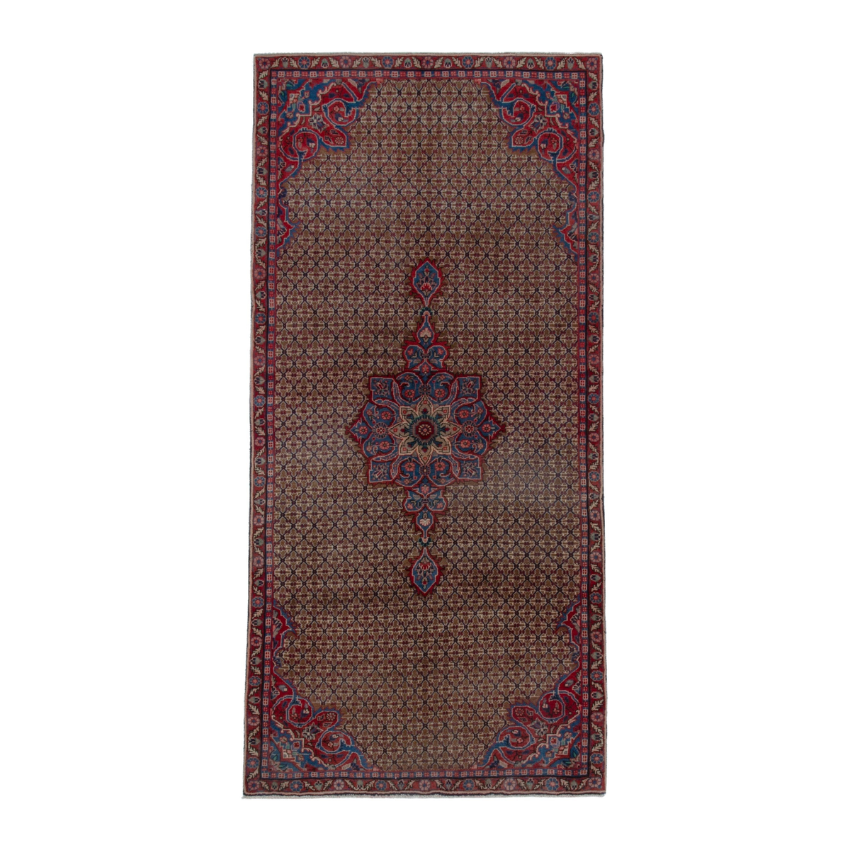 Persian Songhor runner rug in tan and burgundy, 4' x 8'7"