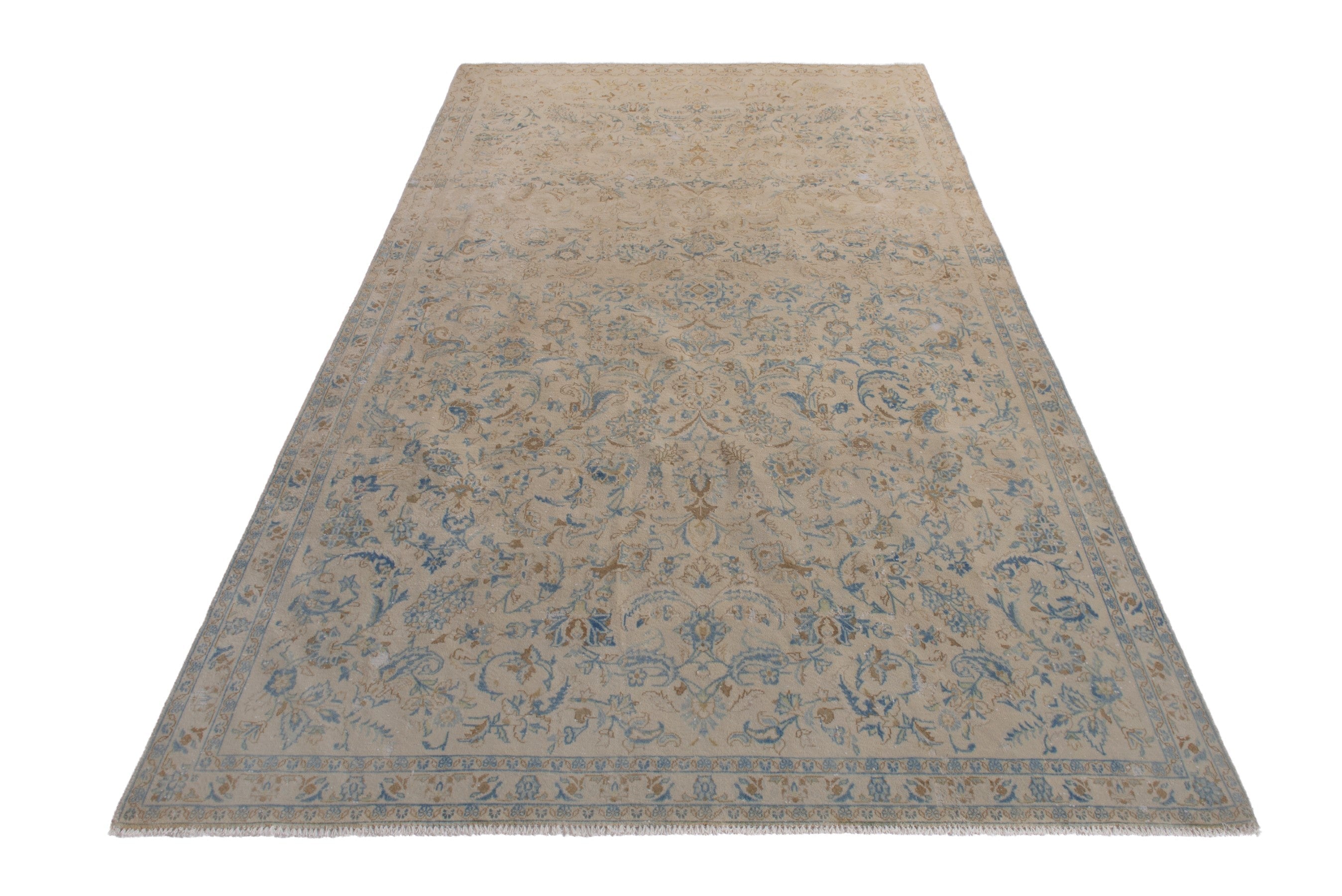 Persian Kashan area rug in cream and powder blue, view 3 of 21