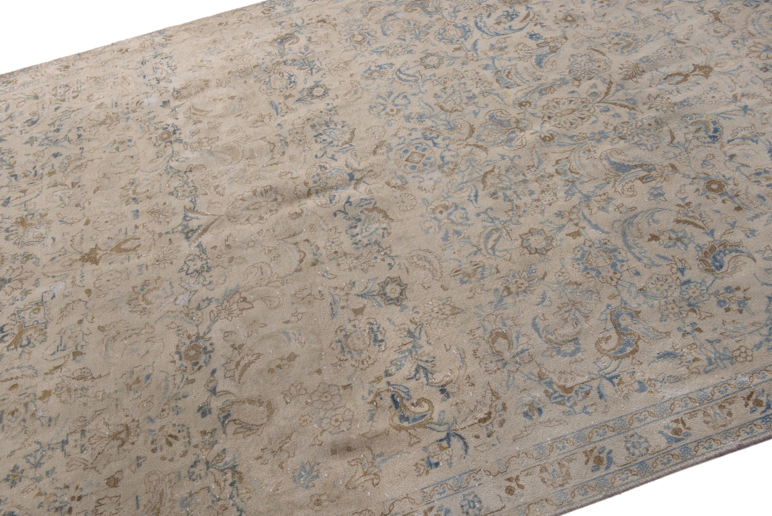 Persian Kashan area rug in cream and powder blue, view 6 of 21