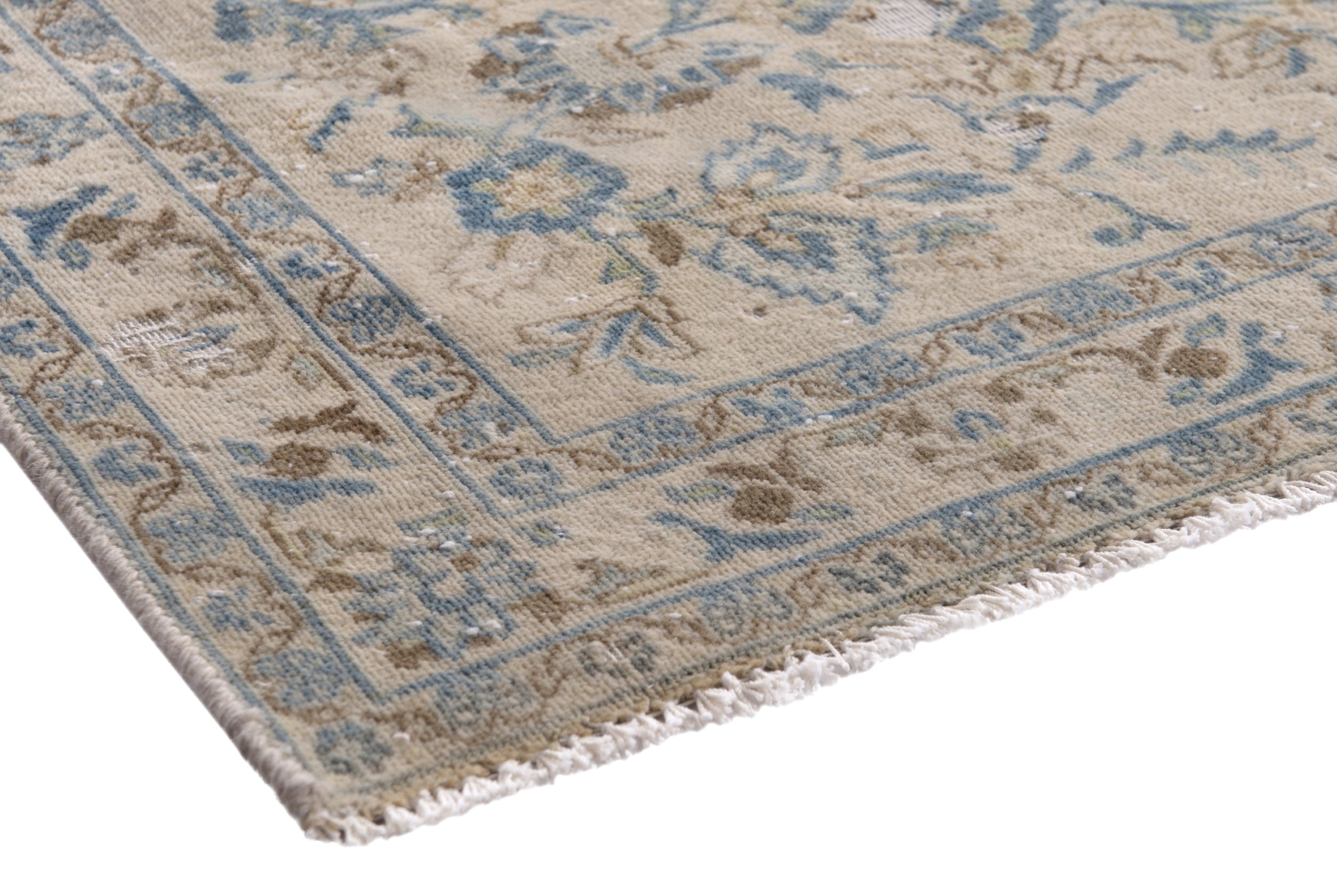 Persian Kashan area rug in cream and powder blue, view 4 of 21