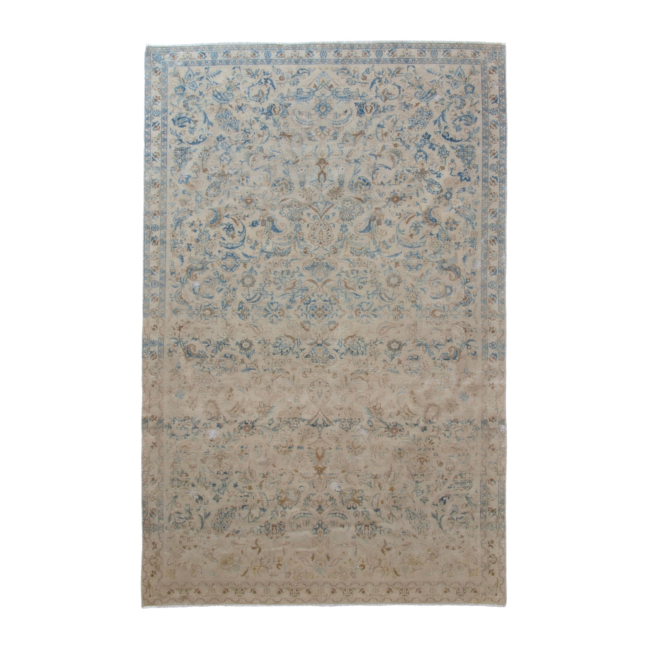 Persian Kashan area rug in cream and powder blue, 6'4" x 9'11"