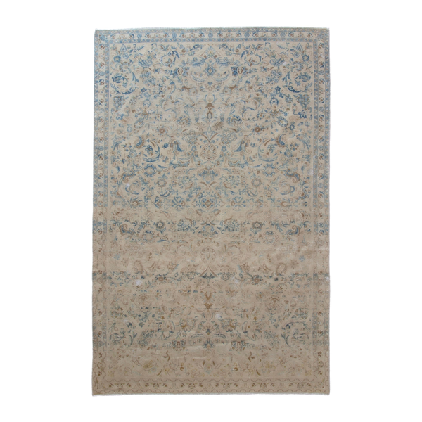 Persian Kashan area rug in cream and powder blue, 6'4" x 9'11"
