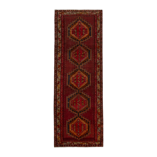 Persian Ardabil runner rug in deep red and burnt orange, 3'8" x 10'3"