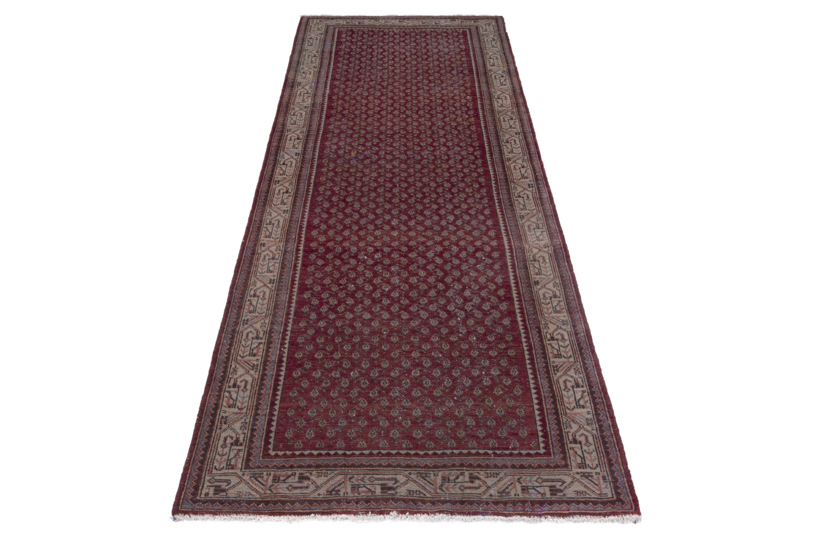 Persian Arak runner rug in burgundy and tan, view 2 of 17