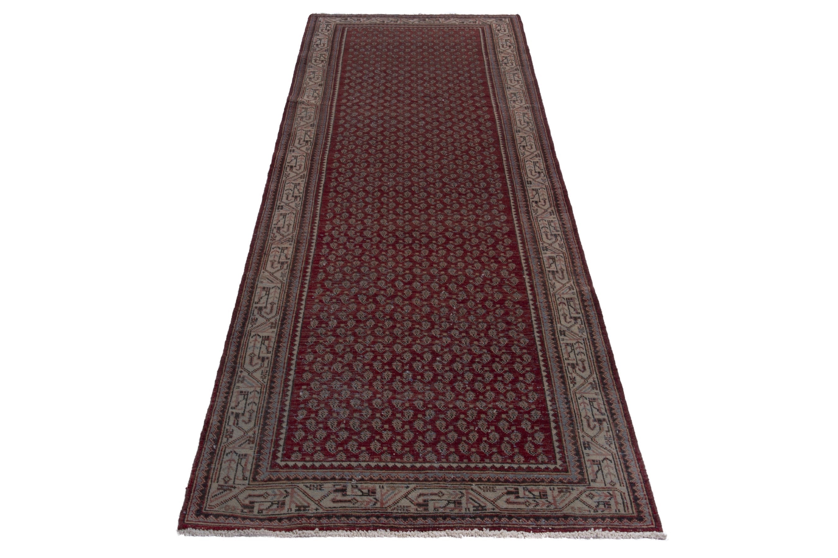 Persian Arak runner rug in burgundy and tan, view 3 of 17