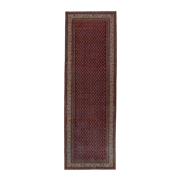 Persian Arak runner rug in burgundy and tan, 3'5" x 10'5"