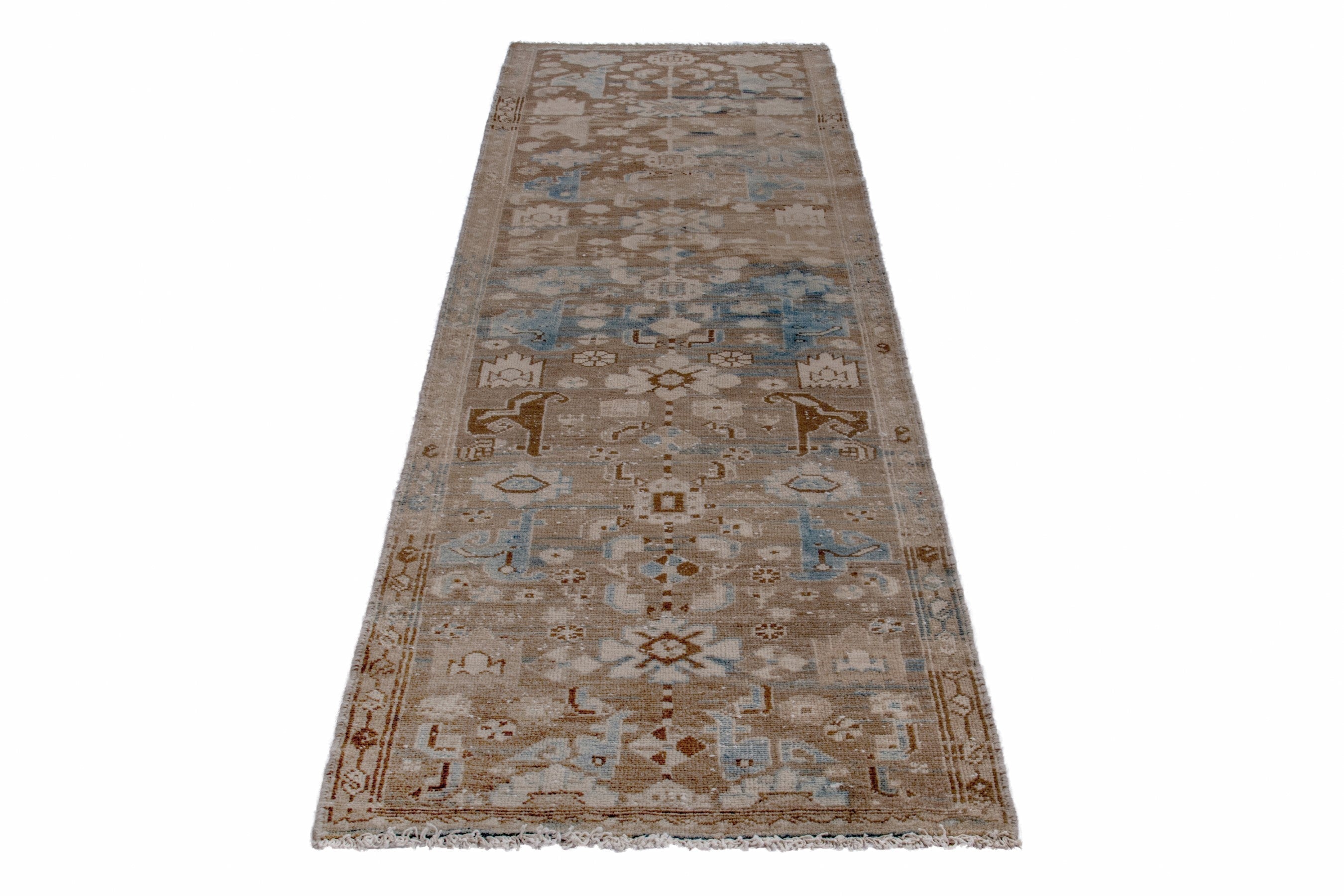 Persian Borujerd runner rug in taupe and dusty blue, view 3 of 18