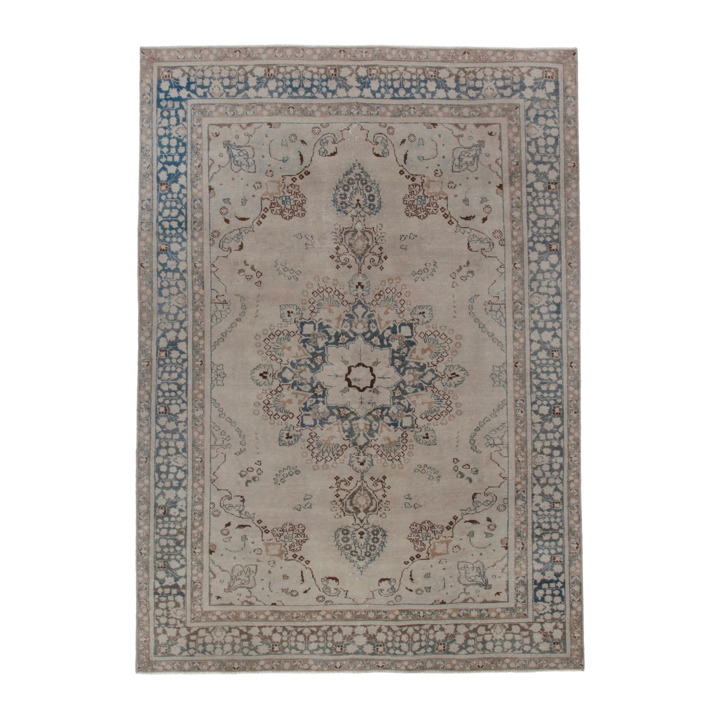 Persian Sabzevar area rug in beige and denim, 6'3" x 9'5"