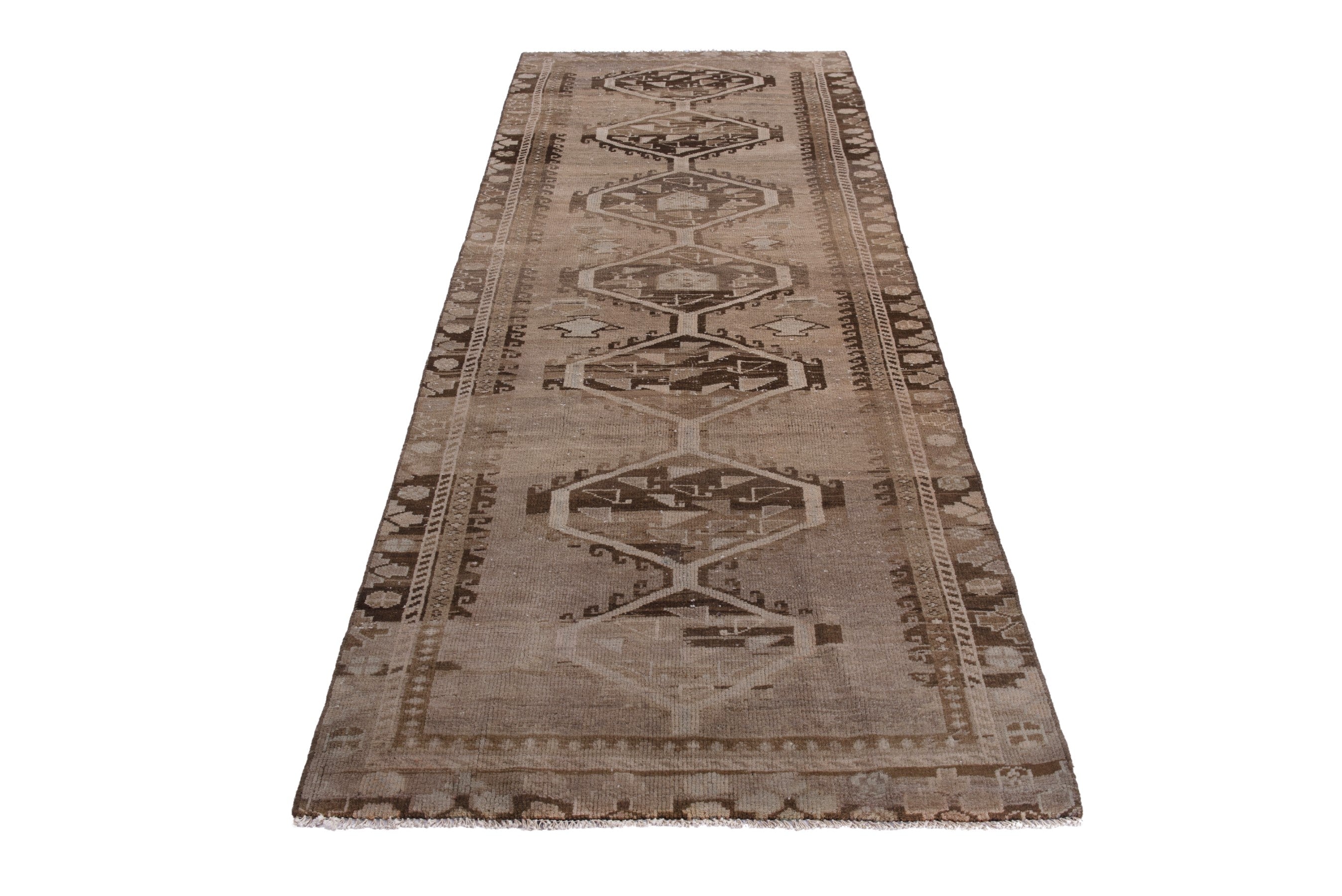 Persian Shiraz runner rug in taupe and dark brown, view 2 of 19