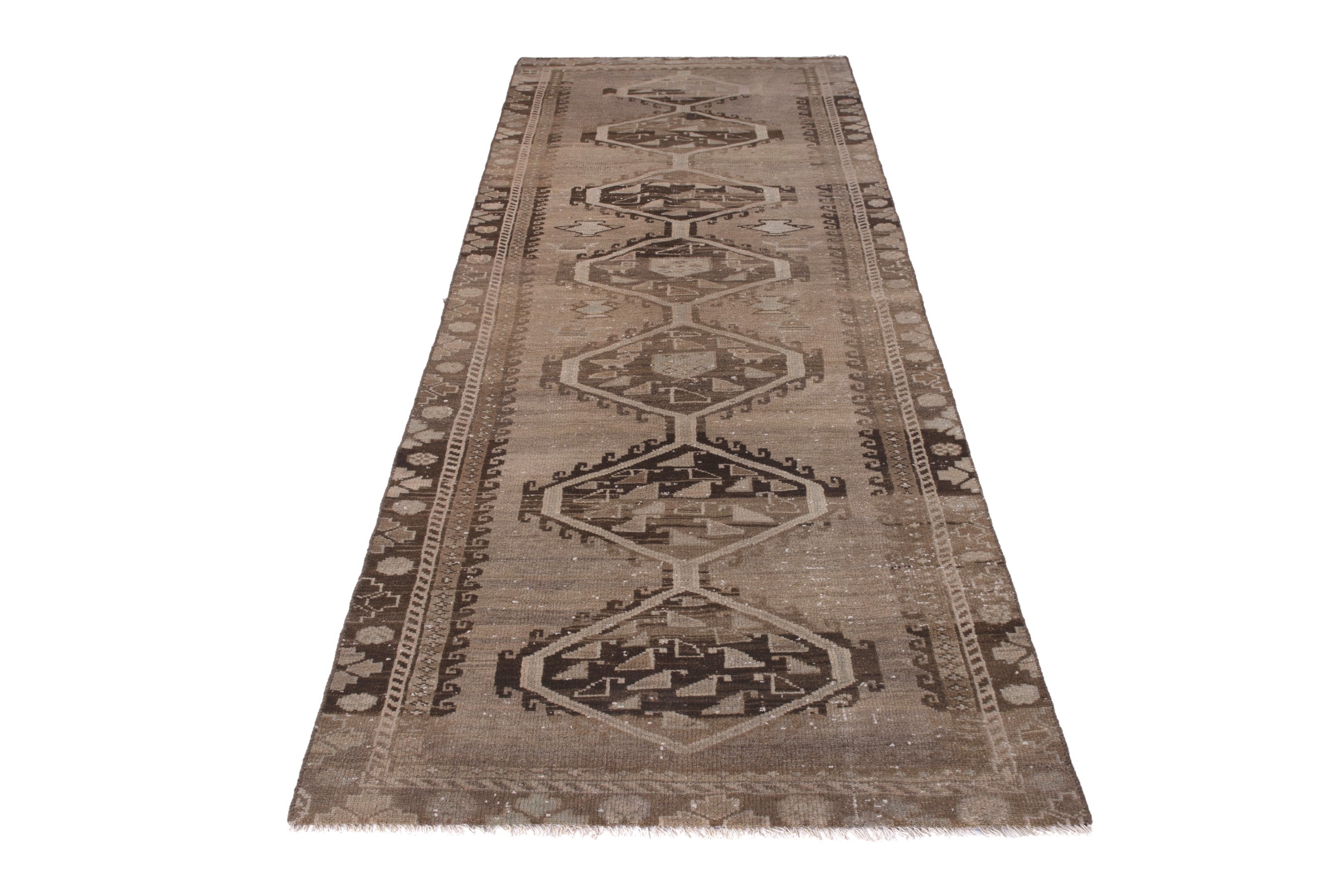 Persian Shiraz runner rug in taupe and dark brown, view 3 of 19