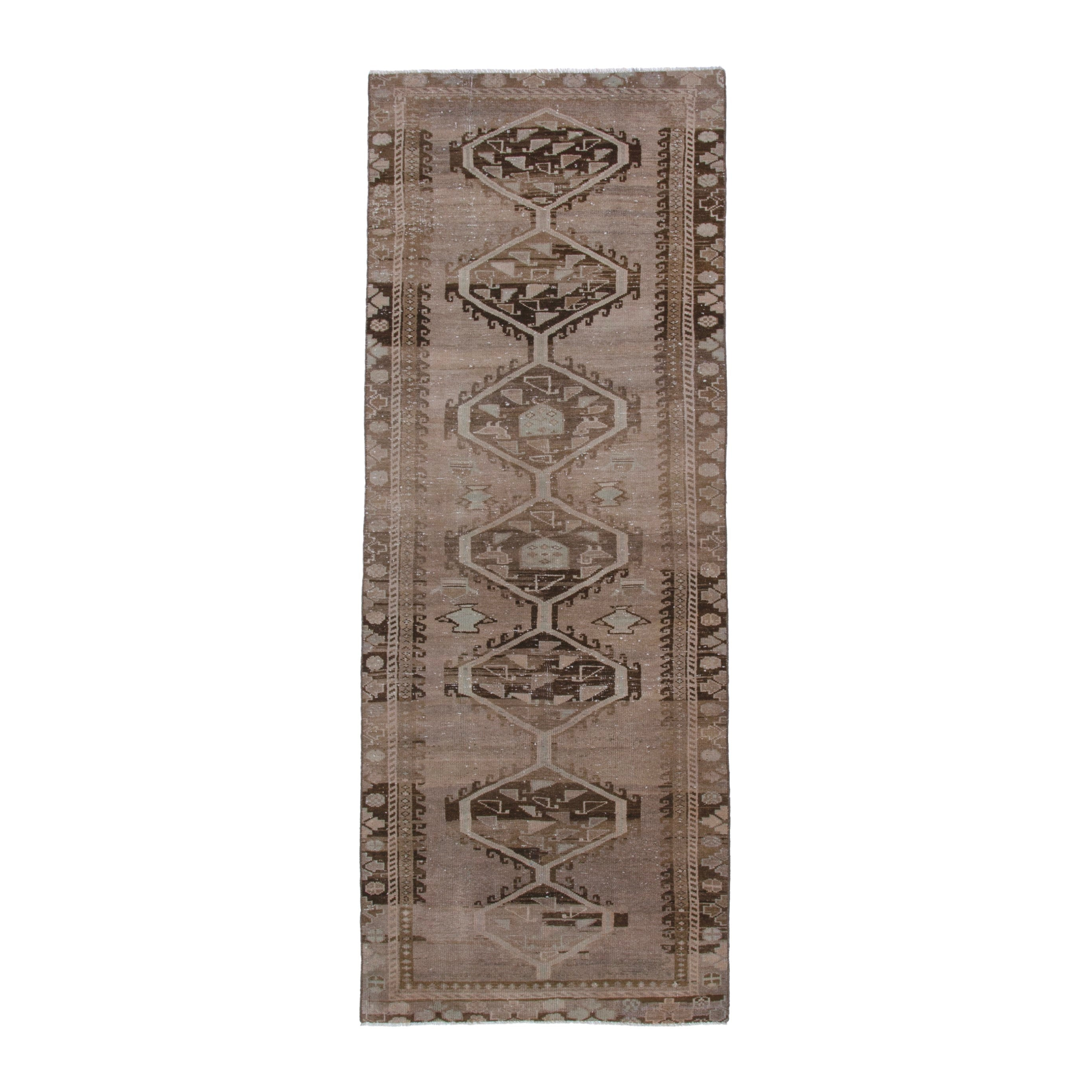 Persian Shiraz runner rug in taupe and dark brown, 3'10" x 10'
