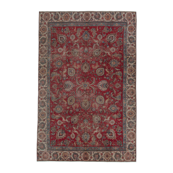 Persian Tabriz oversized rug in deep red and tan, 6'11" x 10'8"