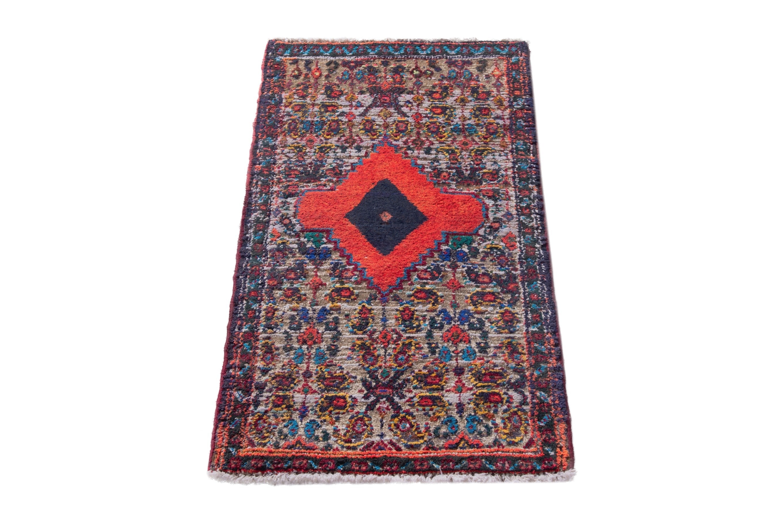Persian Hamedan accent rug in cream and burgundy, view 2 of 7