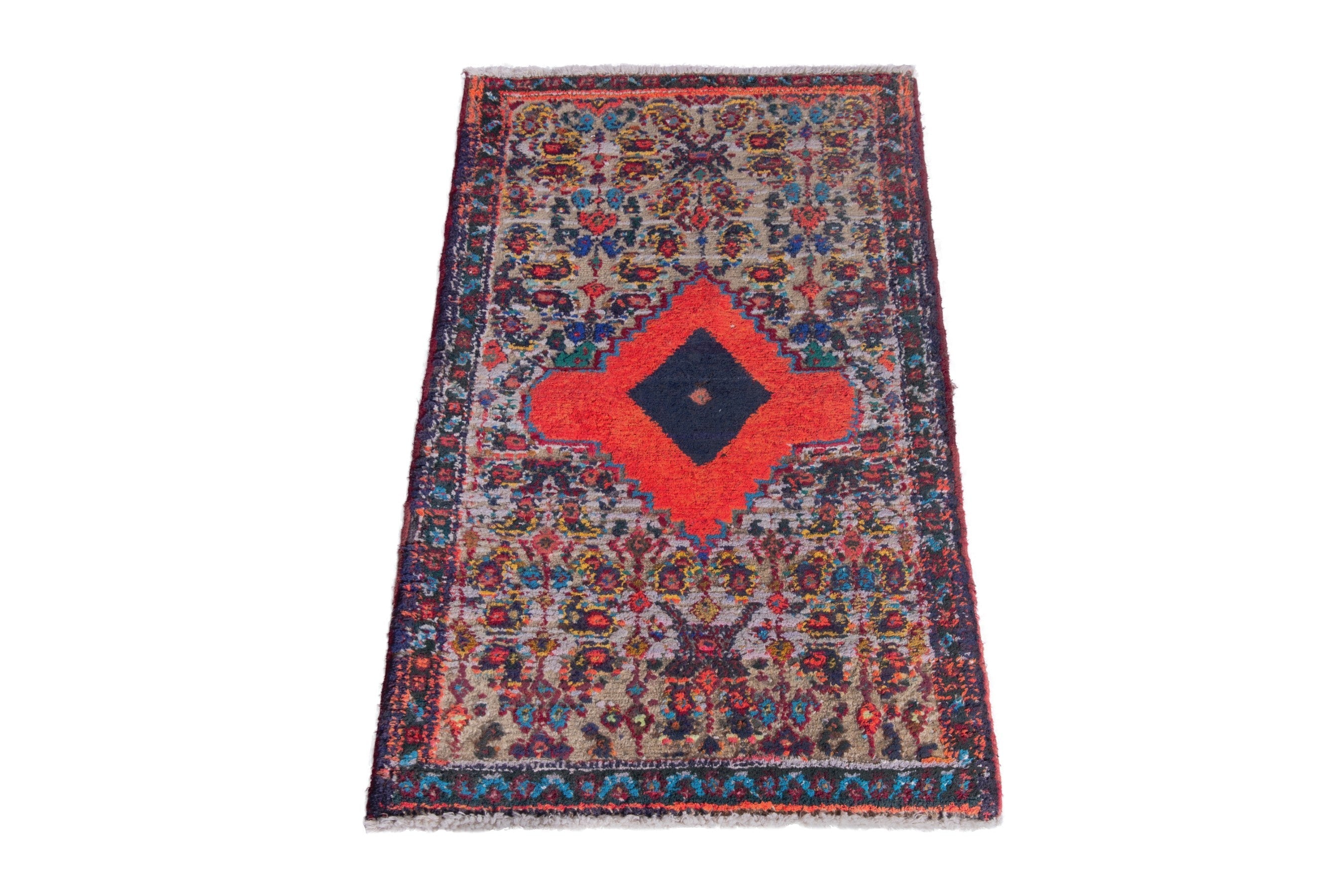 Persian Hamedan accent rug in cream and burgundy, view 3 of 7