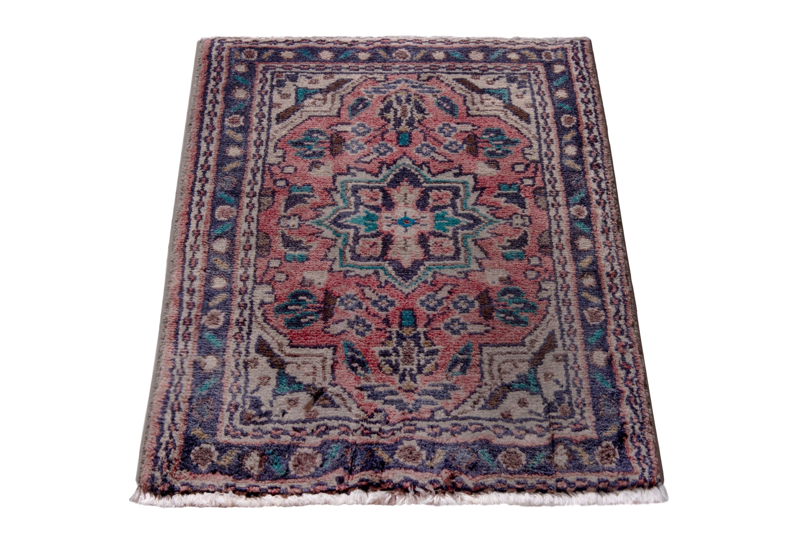 Persian Hamedan accent rug in rose and navy, view 2 of 7
