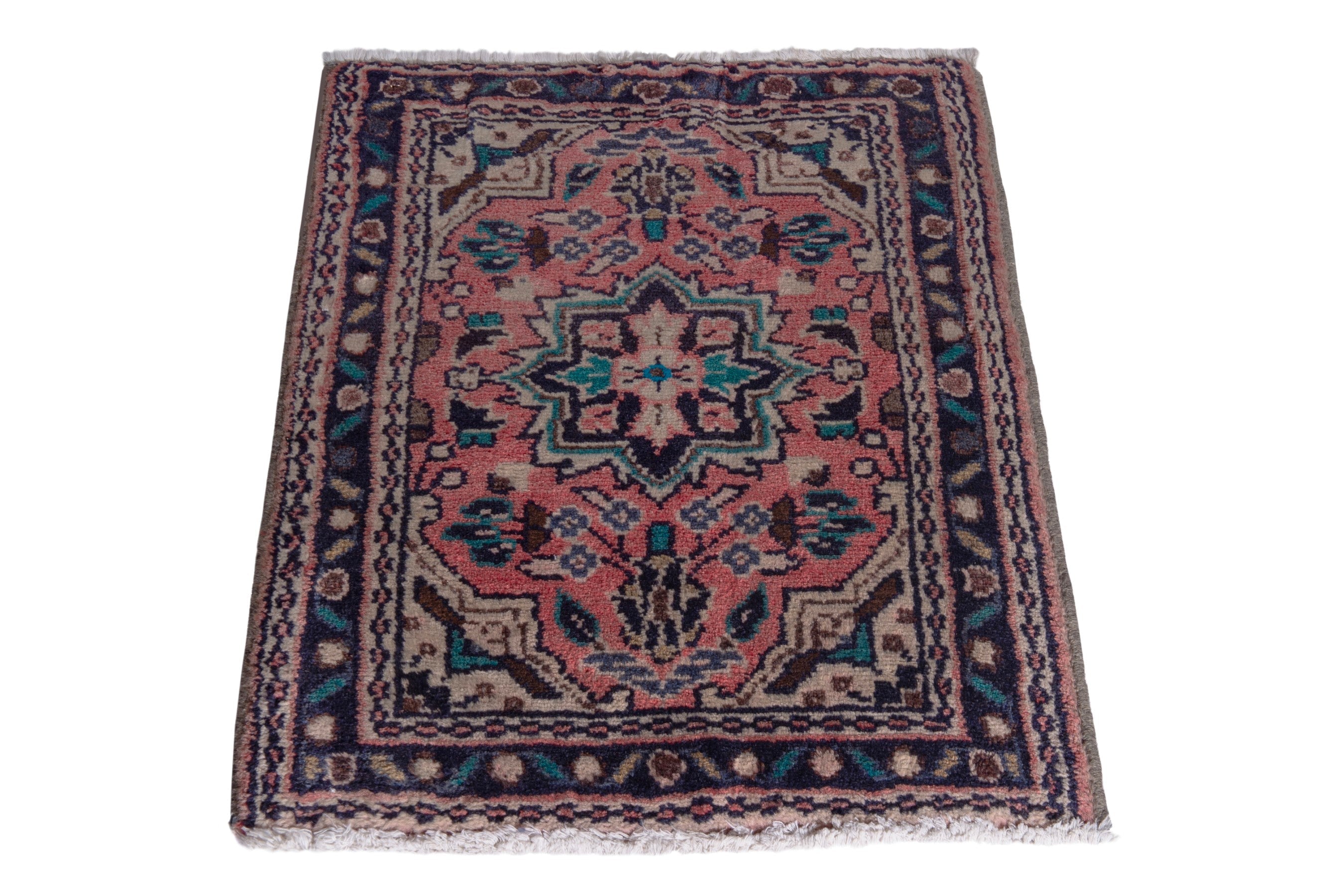 Persian Hamedan accent rug in rose and navy, view 3 of 7