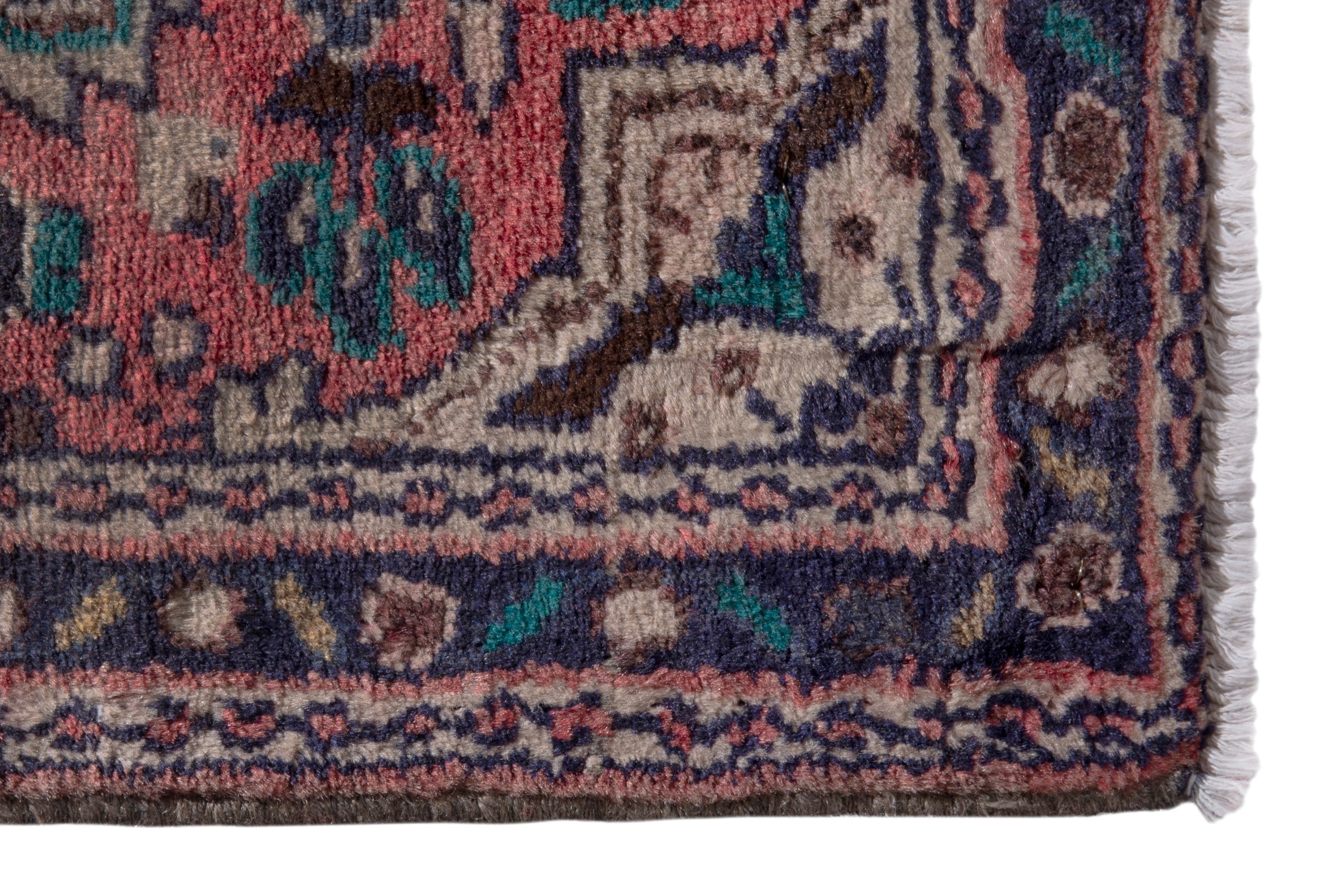Persian Hamedan accent rug in rose and navy, view 5 of 7