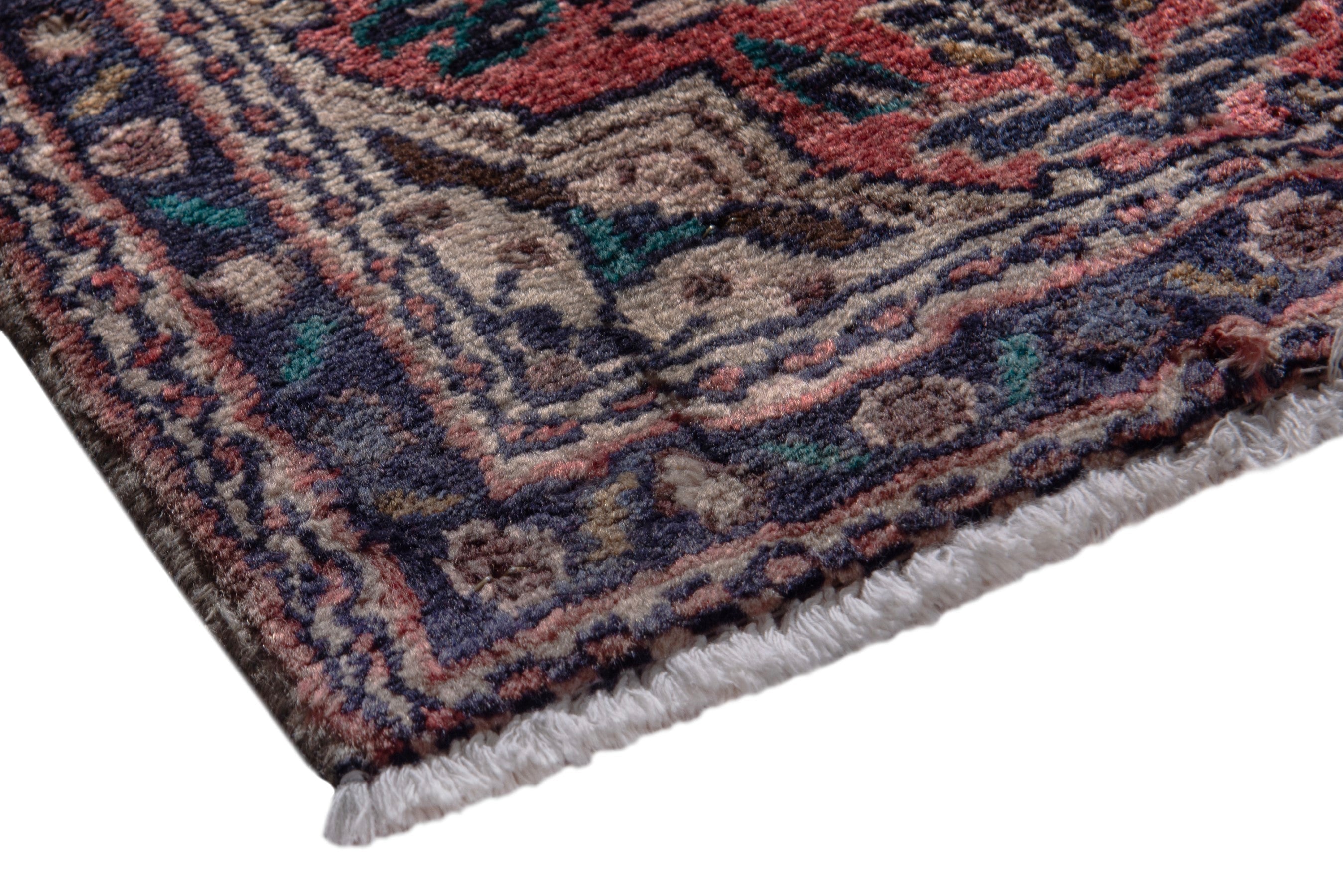 Persian Hamedan accent rug in rose and navy, view 4 of 7