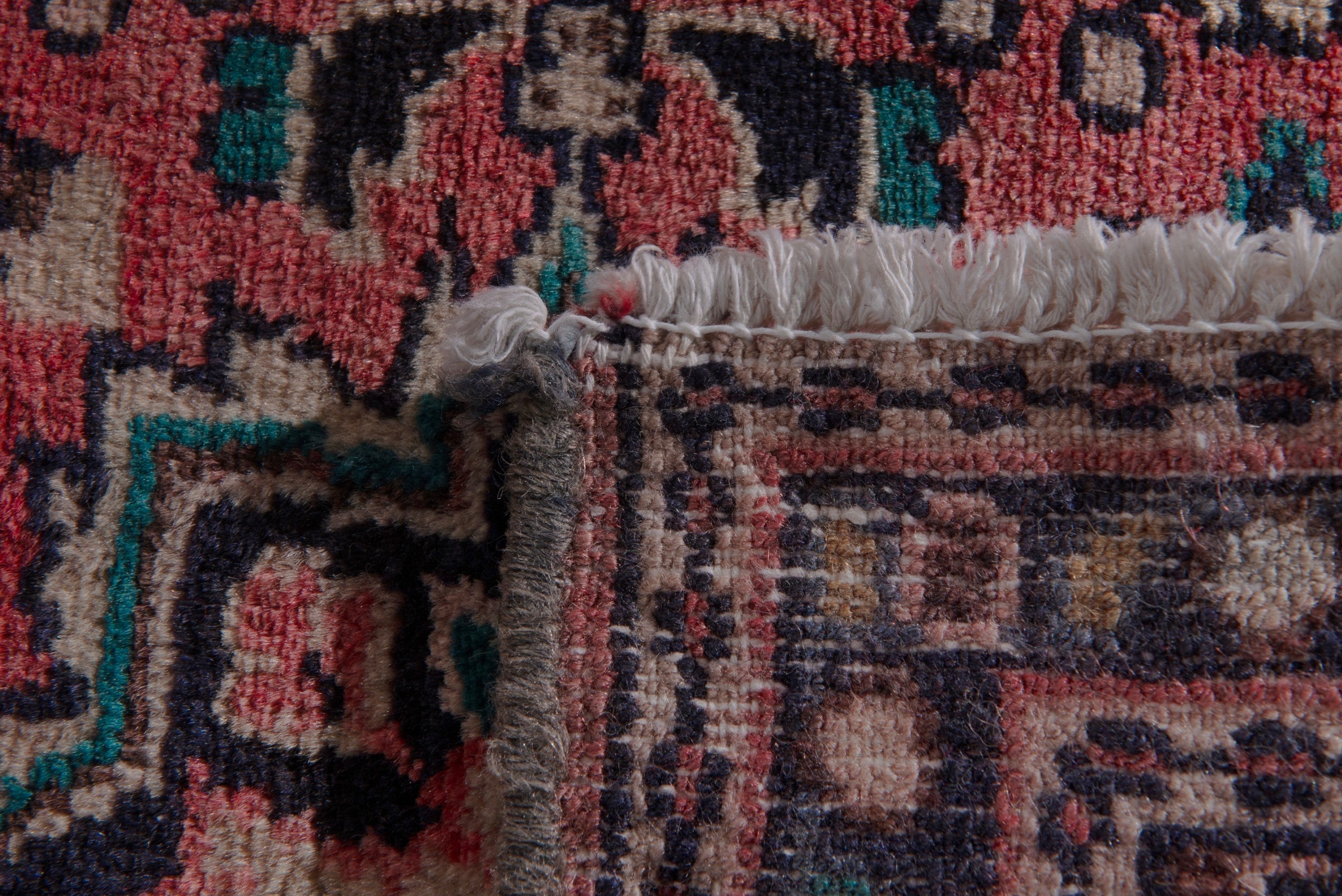 Persian Hamedan accent rug in rose and navy, view 7 of 7