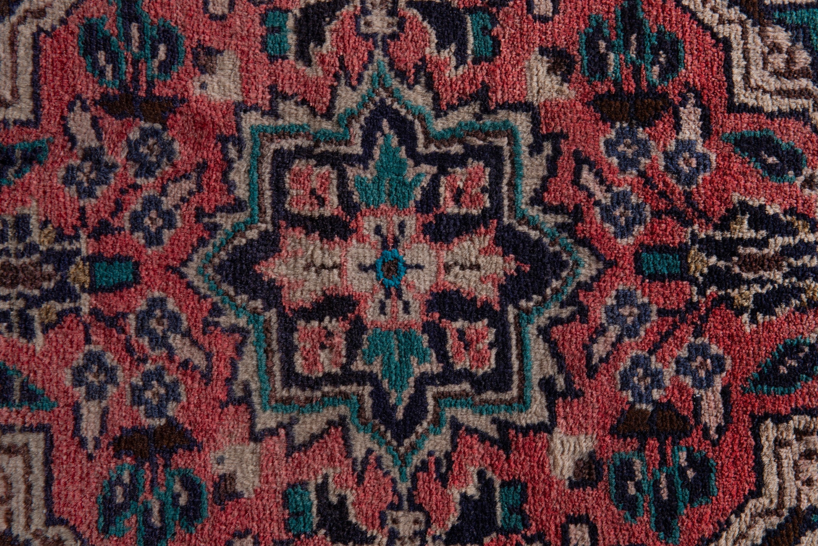 Persian Hamedan accent rug in rose and navy, view 6 of 7