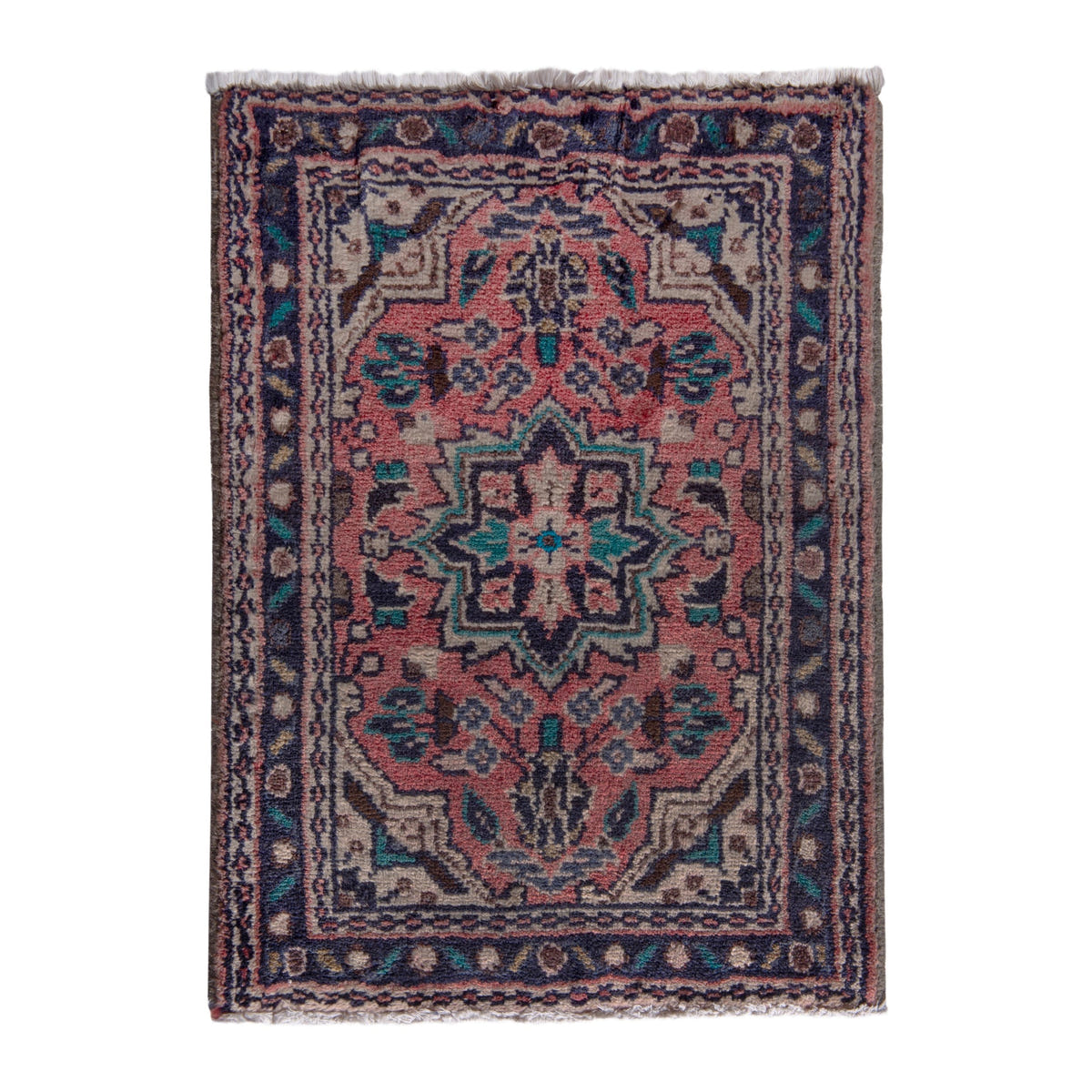 Persian Hamedan accent rug in rose and navy, 1'8" x 2'1"