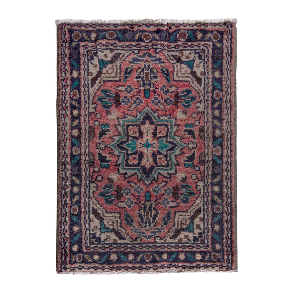 Persian Hamedan accent rug in rose and navy, 1'8" x 2'1"