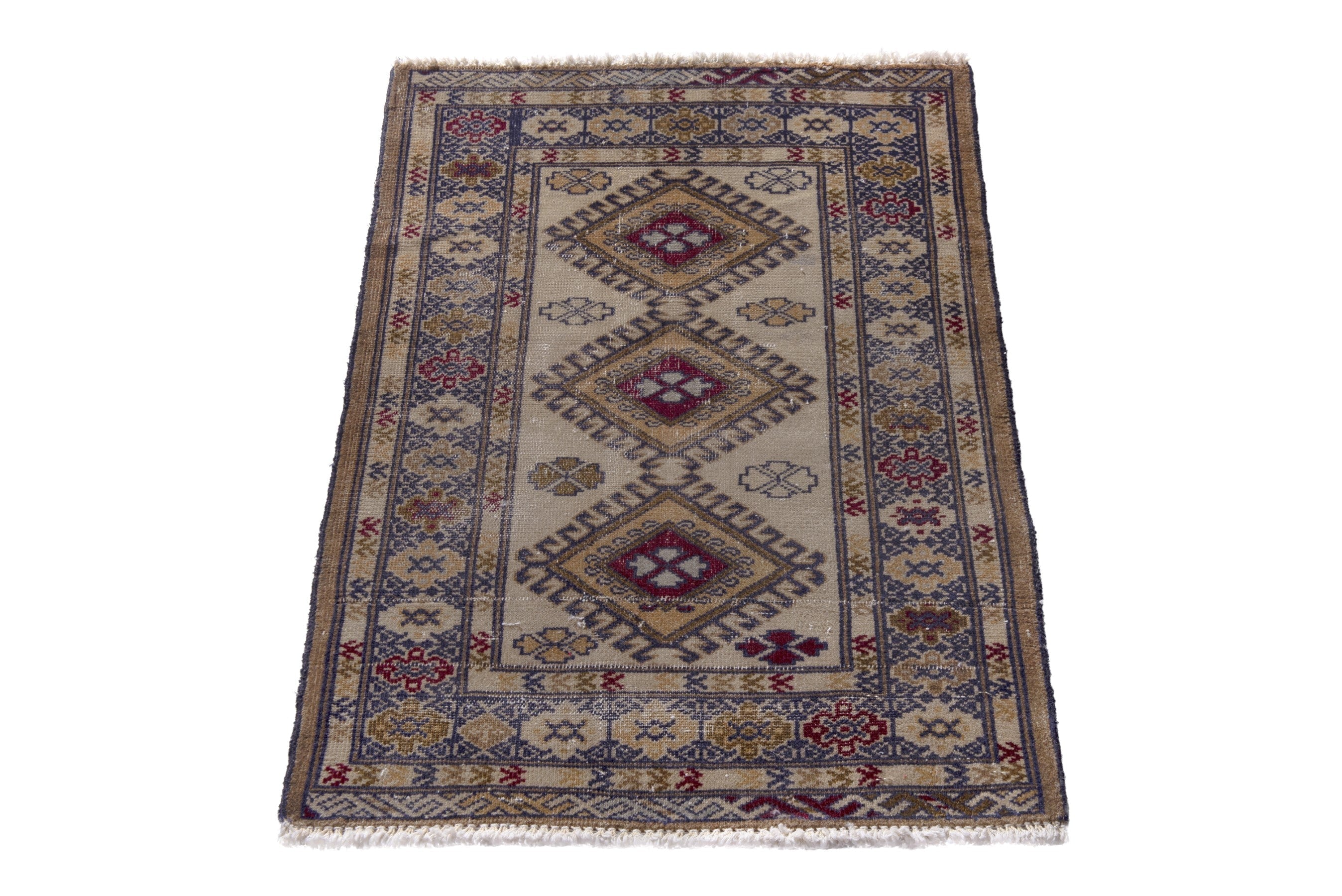 Persian Torkaman accent rug in cream and dark blue, view 2 of 8